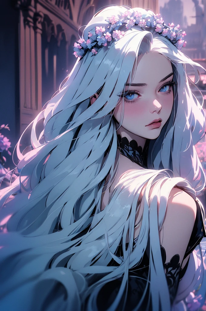 hyper-realistic  of a mysterious woman with flowing silver hair, piercing blue eyes, and a delicate floral crown, backwards, looking back, upper body