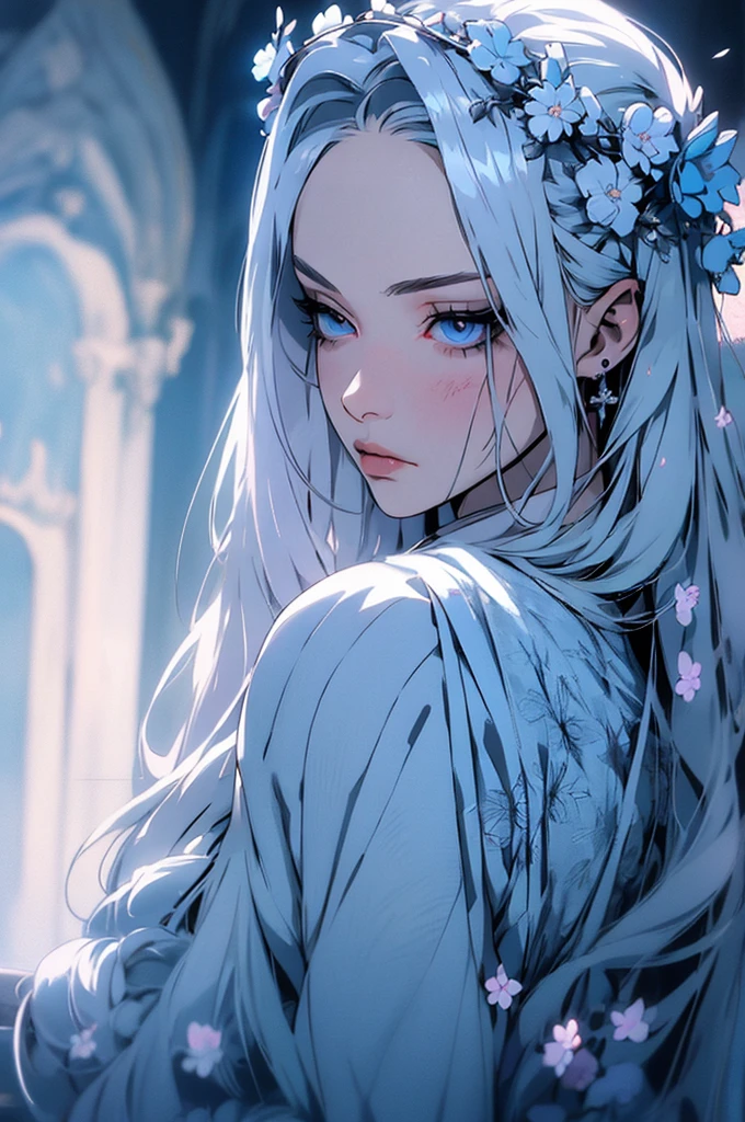 hyper-realistic  of a mysterious woman with flowing silver hair, piercing blue eyes, and a delicate floral crown, backwards, looking back, upper body