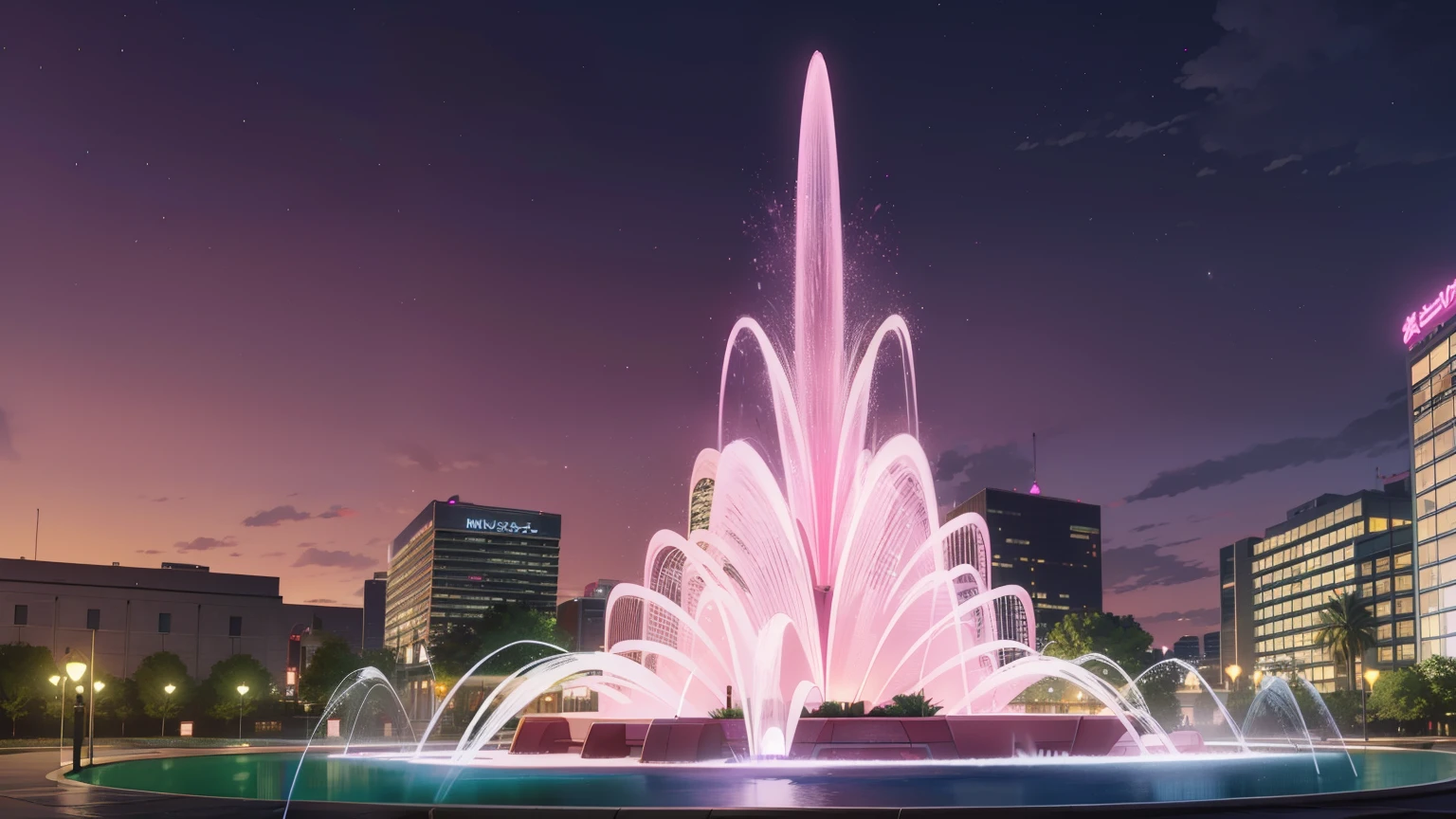 Large park with fountain, big multi-story building, big building, several signs, (very pink night sky), light poles
