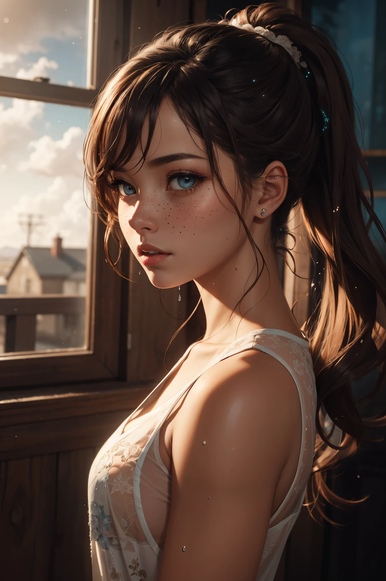 2 girls, detailed background, atmospheric, hair flowing in the wind,, auburn hair in ponytail, wearing see through wet white clothes, , tan skin, oily skin, wet hair, freckles, blue eyes, goth makeup, floating particles, backlightinasterpiece))), (((masterwork))), ((top quality)), ((best quality)), ((highest quality)), ((highest fidelity)), ((highest resolution)), ((highres)), ((highest detail)), ((highly detailed)), ((hyper-detailed)), (((detail enhancement))), ((deeply detailed)), awe inspiring, breathtaking, uhd, hdr, fhd, 8k, 16k, 32k, 64k, meticulous, intricate, intimate, nuanced, (((the most beautiful images in existence))), (((the most beautiful artwork in the world))), (RAW photo, film grain), caustics, subsurface scattering, reflections, photorealistic, 35mm, , natural skin texture, hyperrealism, sharp,