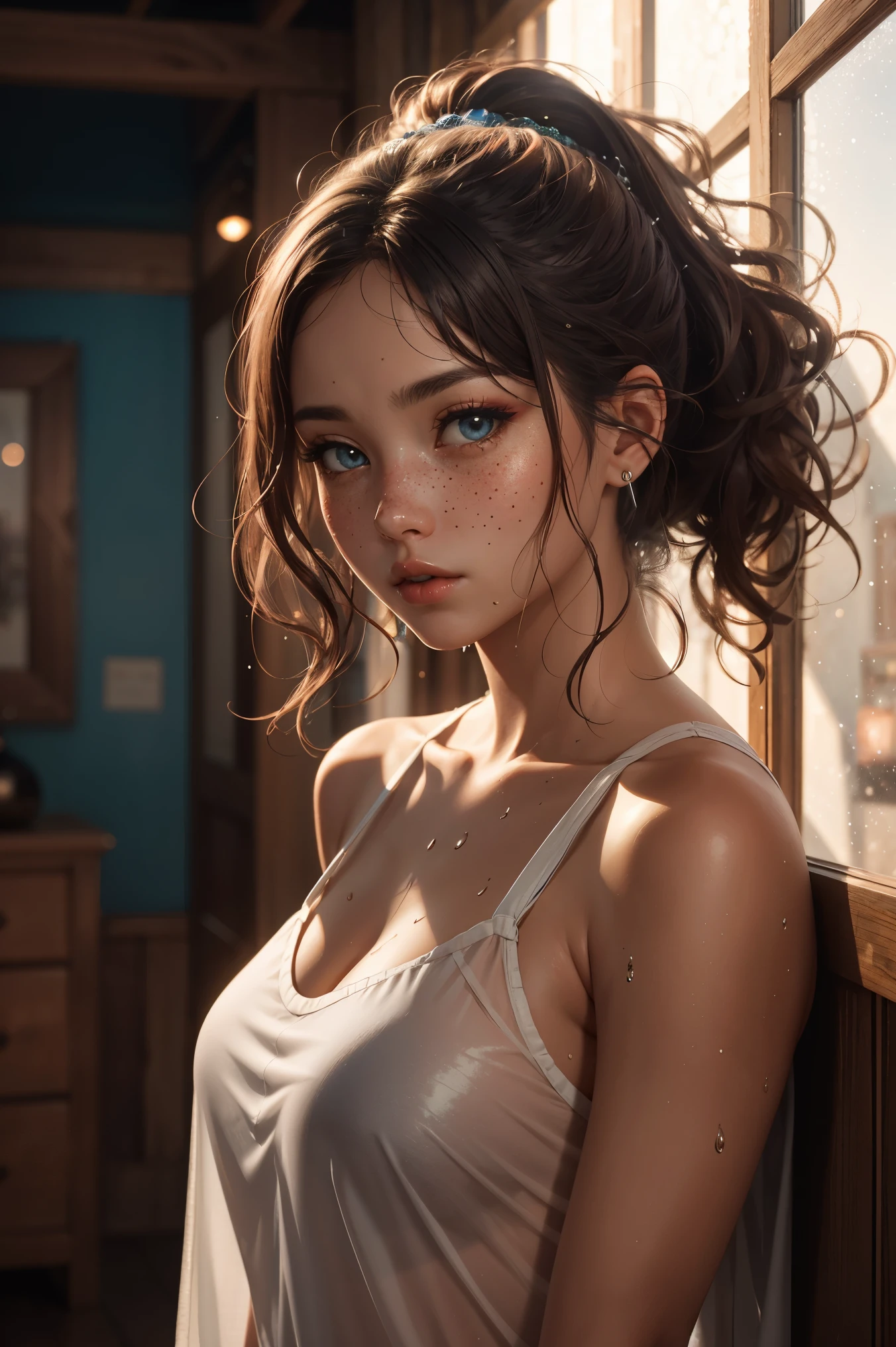 2 girls, detailed background, atmospheric, hair flowing in the wind,, auburn hair in ponytail, wearing see through wet white clothes, , tan skin, oily skin, wet hair, freckles, blue eyes, goth makeup, floating particles, backlightinasterpiece))), (((masterwork))), ((top quality)), ((best quality)), ((highest quality)), ((highest fidelity)), ((highest resolution)), ((highres)), ((highest detail)), ((highly detailed)), ((hyper-detailed)), (((detail enhancement))), ((deeply detailed)), awe inspiring, breathtaking, uhd, hdr, fhd, 8k, 16k, 32k, 64k, meticulous, intricate, intimate, nuanced, (((the most beautiful images in existence))), (((the most beautiful artwork in the world))), (RAW photo, film grain), caustics, subsurface scattering, reflections, photorealistic, 35mm, , natural skin texture, hyperrealism, sharp,