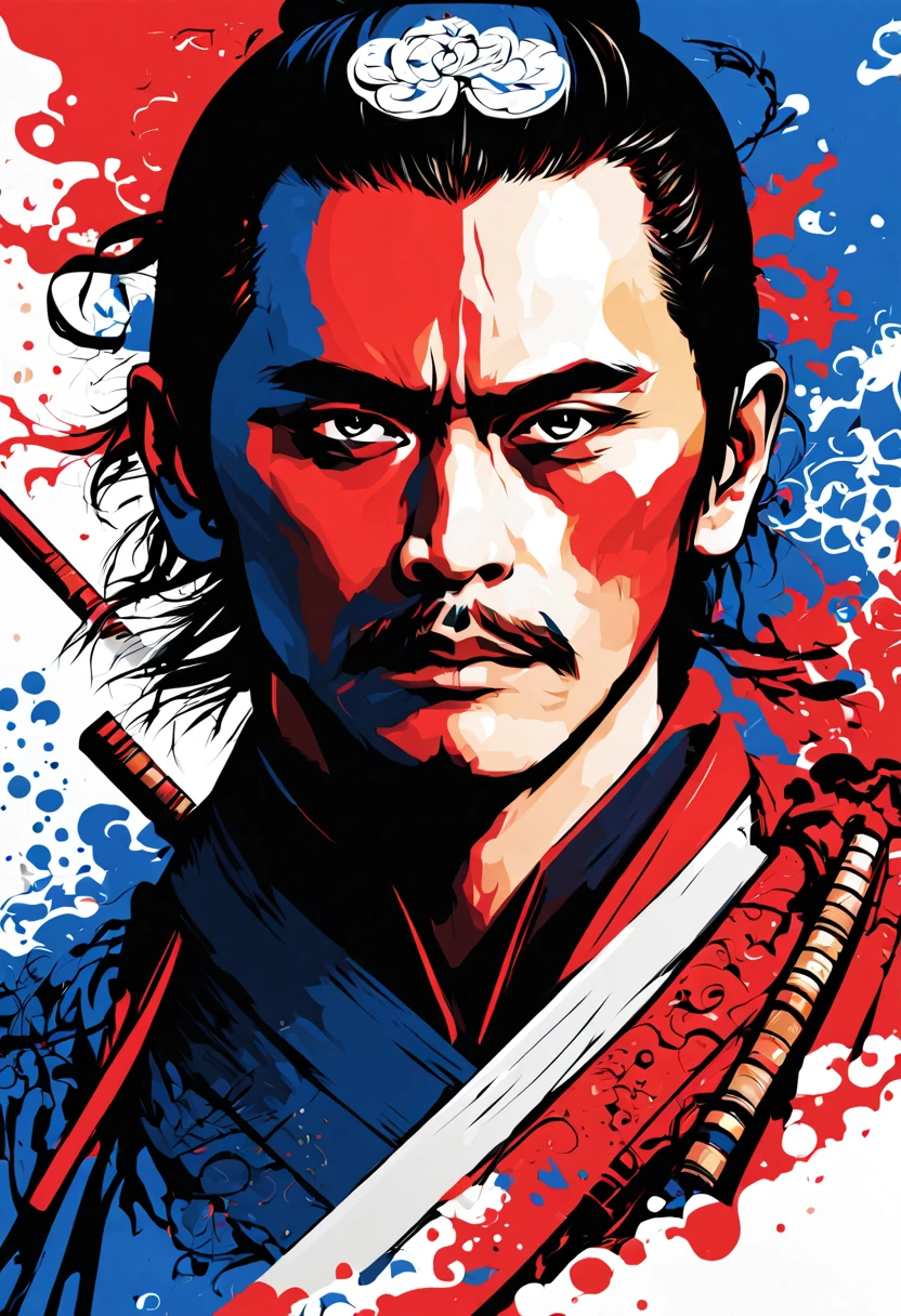 a close up portrait, blue and red graphic logo illustration of modern war, vector, clean design, intricate detail, monochromatic color, solid white background, made with adobe illustrator, in the style of Studio Gibli, nature,indonesia man wear samurai costume with a sword, splash, color splash, Hanok background,CEO