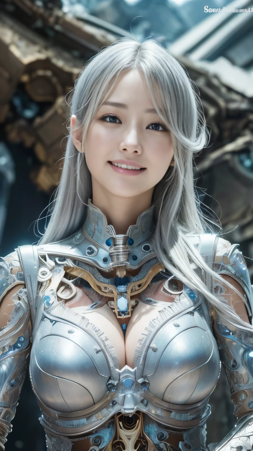 ((top quality)),(Super high resolution),(super detailed),(detailed description),((best anime)),(best work of art),(super precision art),(amazing art of depiction,Overwhelming descriptive power:1.5),(Intricate and detailed science fiction art:1.6), (adult women:1.5),tight suit:1.5, (Mechanical Horse:1.5,), ((A devastated worldview:1.7)),cleavage、beautiful eyes、3D rendering、smile、silver hair
