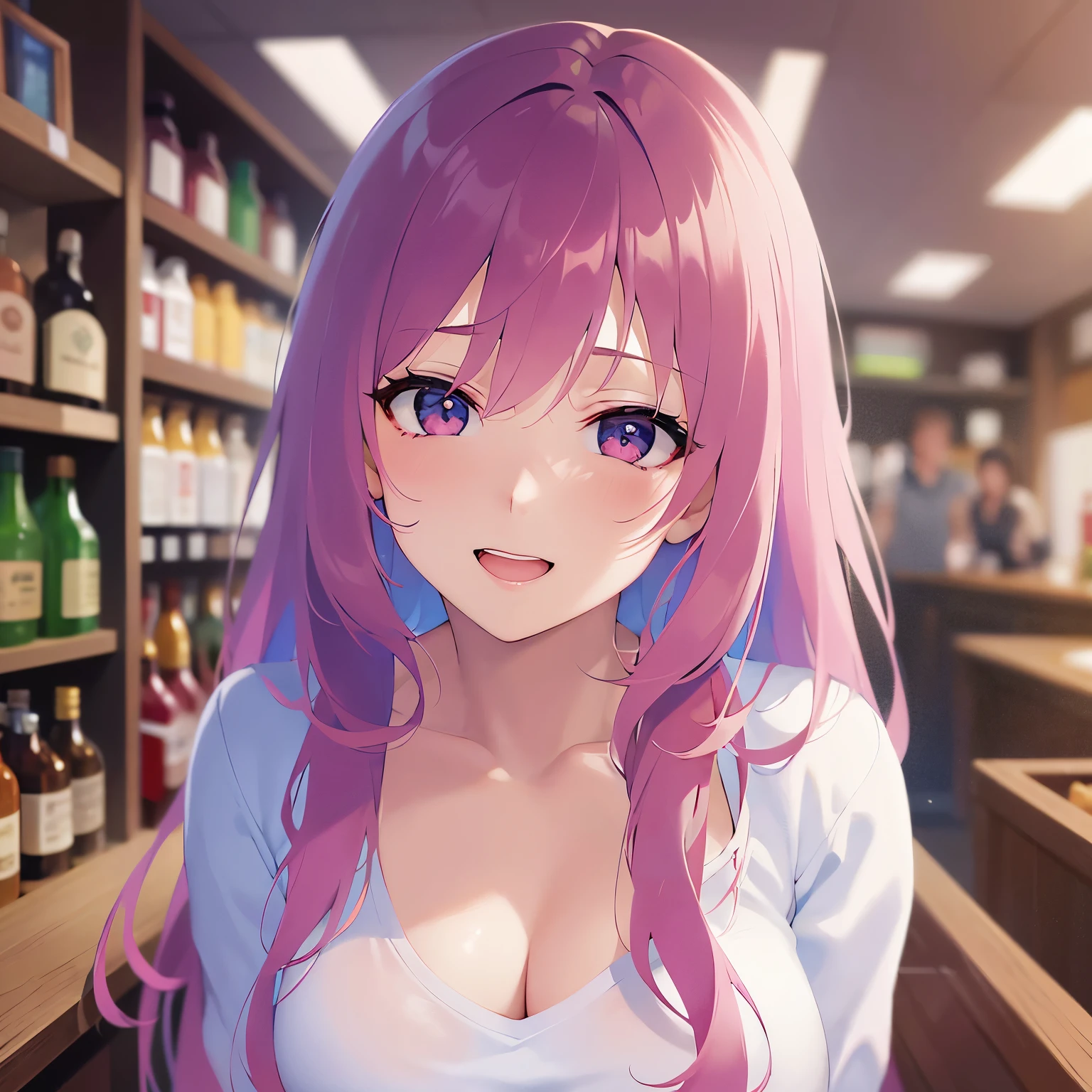 Tilting head, smile, cleavage, shooting from above、Upper body is shown、Realistic, real person, RAW photo, photorealistic, portrait photography, shiny skin, japanese idol、pink hair、Wavy medium hair with bangs、20 year old woman with pink eyes、wearing a white T-shirt、Alone、Are standing、The background is a liquor store