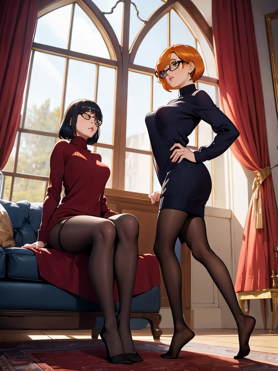 Show entire body, feet in view, Velma and Daphne, sweater dresses, both wearing pantyhose, no shoes, luxurious house, huge windows