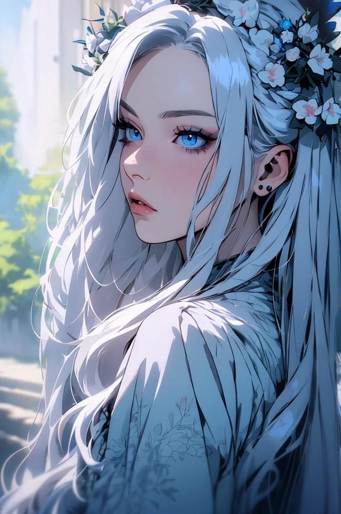 hyper-realistic  of a mysterious woman with flowing silver hair, piercing blue eyes, and a delicate floral crown, backwards, looking back, upper body