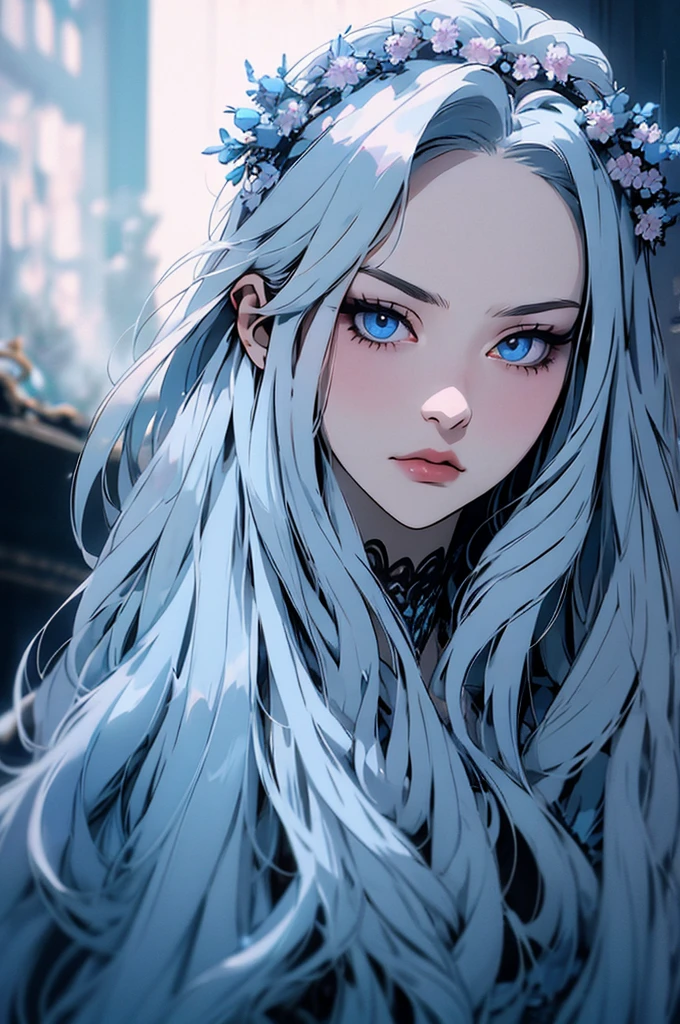 hyper-realistic  of a mysterious woman with flowing silver hair, piercing blue eyes, and a delicate floral crown, backwards, looking back, upper body