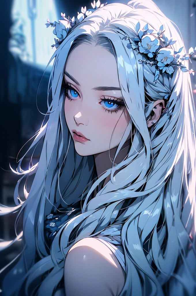 hyper-realistic  of a mysterious woman with flowing silver hair, piercing blue eyes, and a delicate floral crown, backwards, looking back, upper body