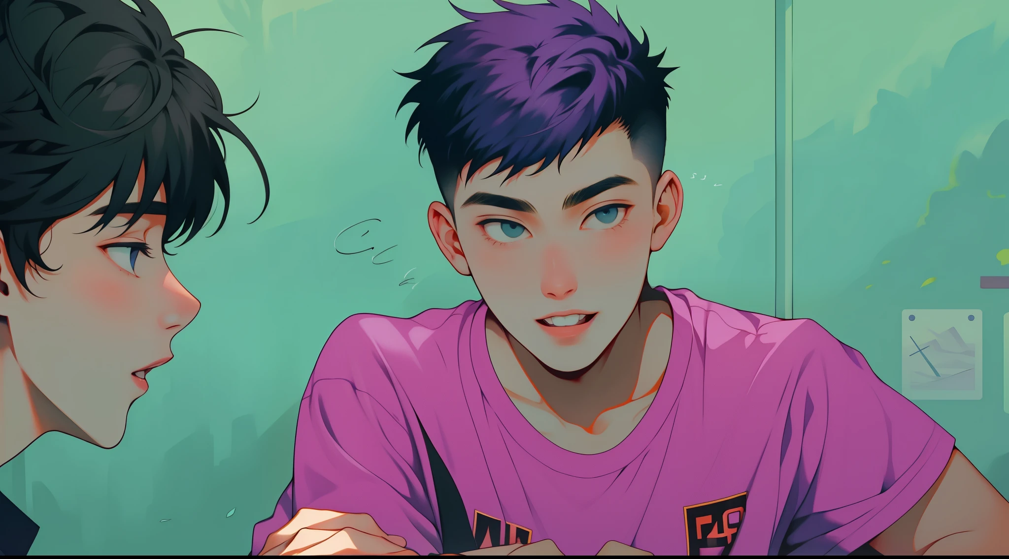 There are two young 16-year-old boys with violet hair who are talking about something important.