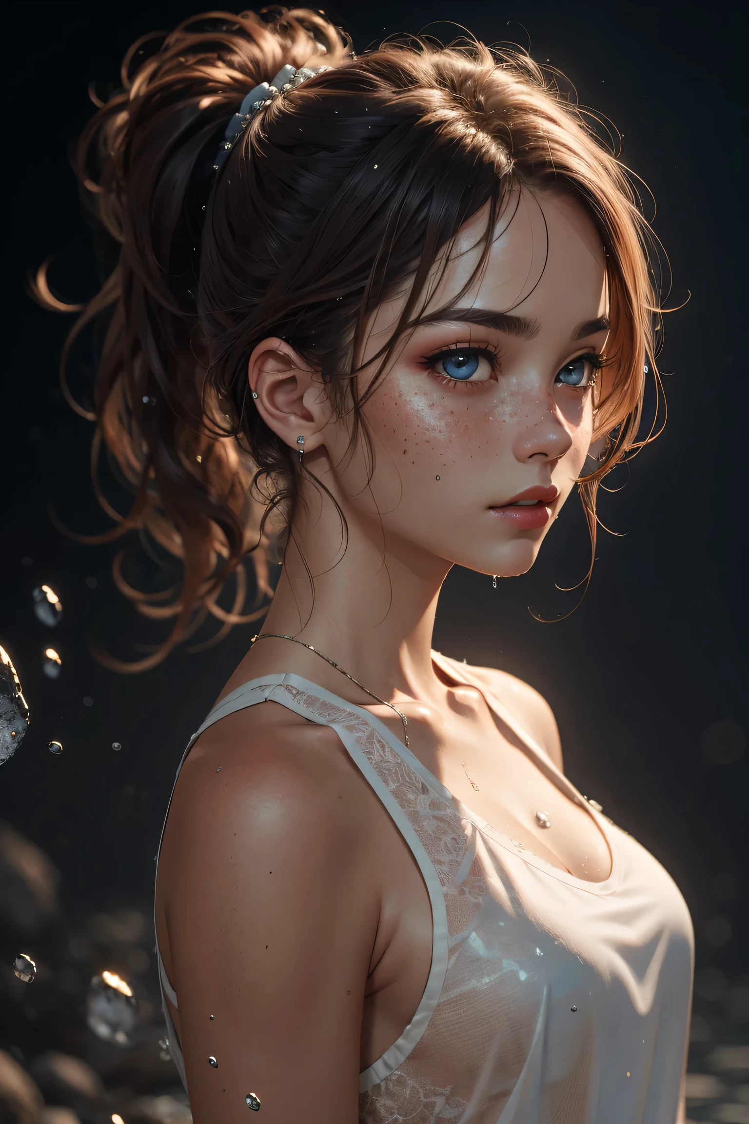 girl,detailed background, atmospheric, hair flowing in the wind,, auburn hair in ponytail, full body image, wearing see through wet white clothes, , tan skin, oily skin, wet hair, freckles, blue eyes, goth makeup, floating particles, backlightinasterpiece))), (((masterwork))), ((top quality)), ((best quality)), ((highest quality)), ((highest fidelity)), ((highest resolution)), ((highres)), ((highest detail)), ((highly detailed)), ((hyper-detailed)), (((detail enhancement))), ((deeply detailed)), awe inspiring, breathtaking, uhd, hdr, fhd, 8k, 16k, 32k, 64k, meticulous, intricate, intimate, nuanced, (((the most beautiful images in existence))), (((the most beautiful artwork in the world))), (RAW photo, film grain), caustics, subsurface scattering, reflections, photorealistic, 35mm, , natural skin texture, hyperrealism, sharp,