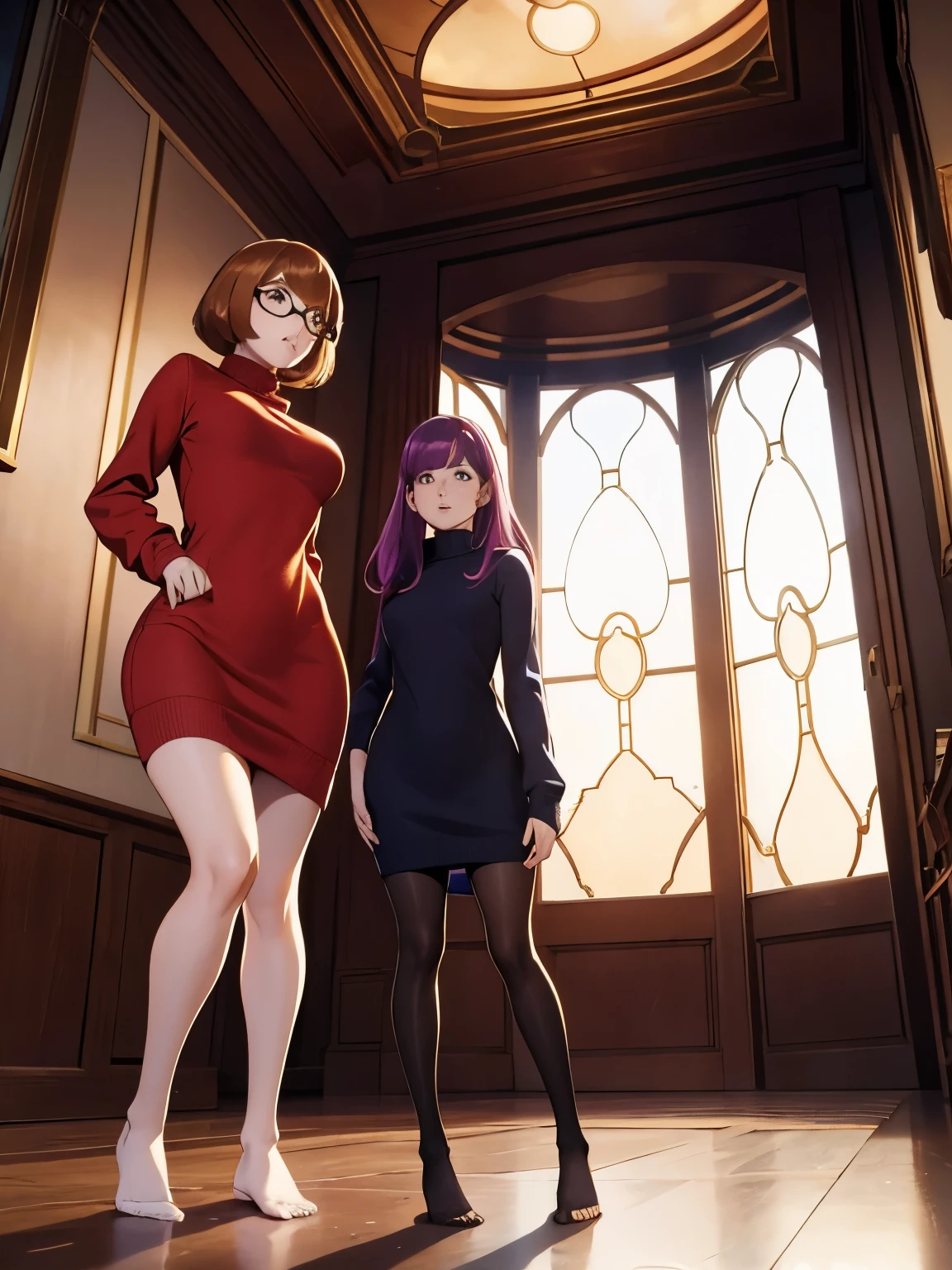 Show entire body, feet in view, Velma and Daphne, sweater dresses, both wearing pantyhose, no shoes, luxurious house, huge windows