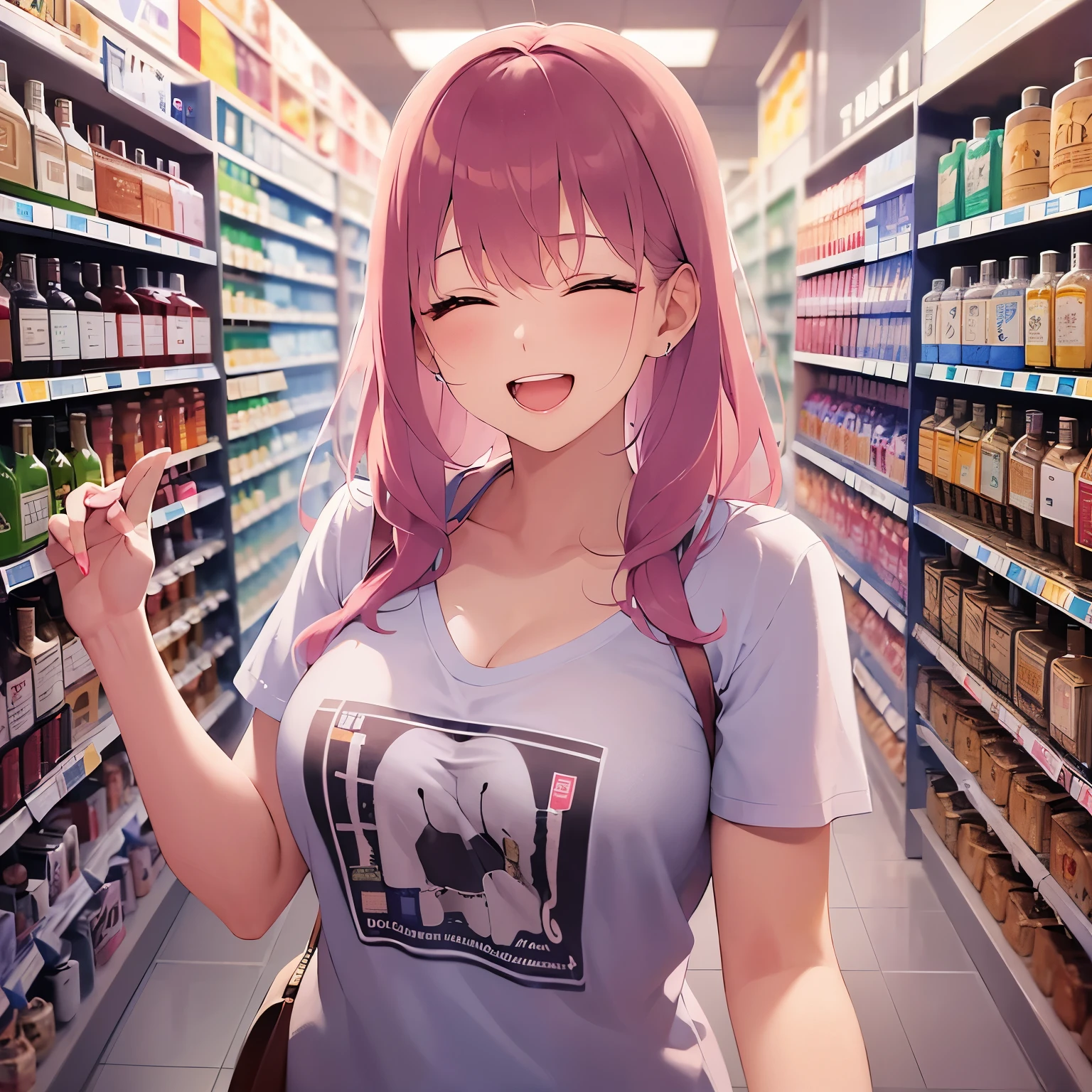 cleavage, Upper body is shown、Realistic, real person, RAW photo, photorealistic, portrait photography, shiny skin, japanese idol、pink hair、Wavy medium hair with bangs、20 year old woman、closed eyes, wearing a white T-shirt、embarrassed, smiling expression、 open mouth, Alone、Are standing、The background is a liquor store