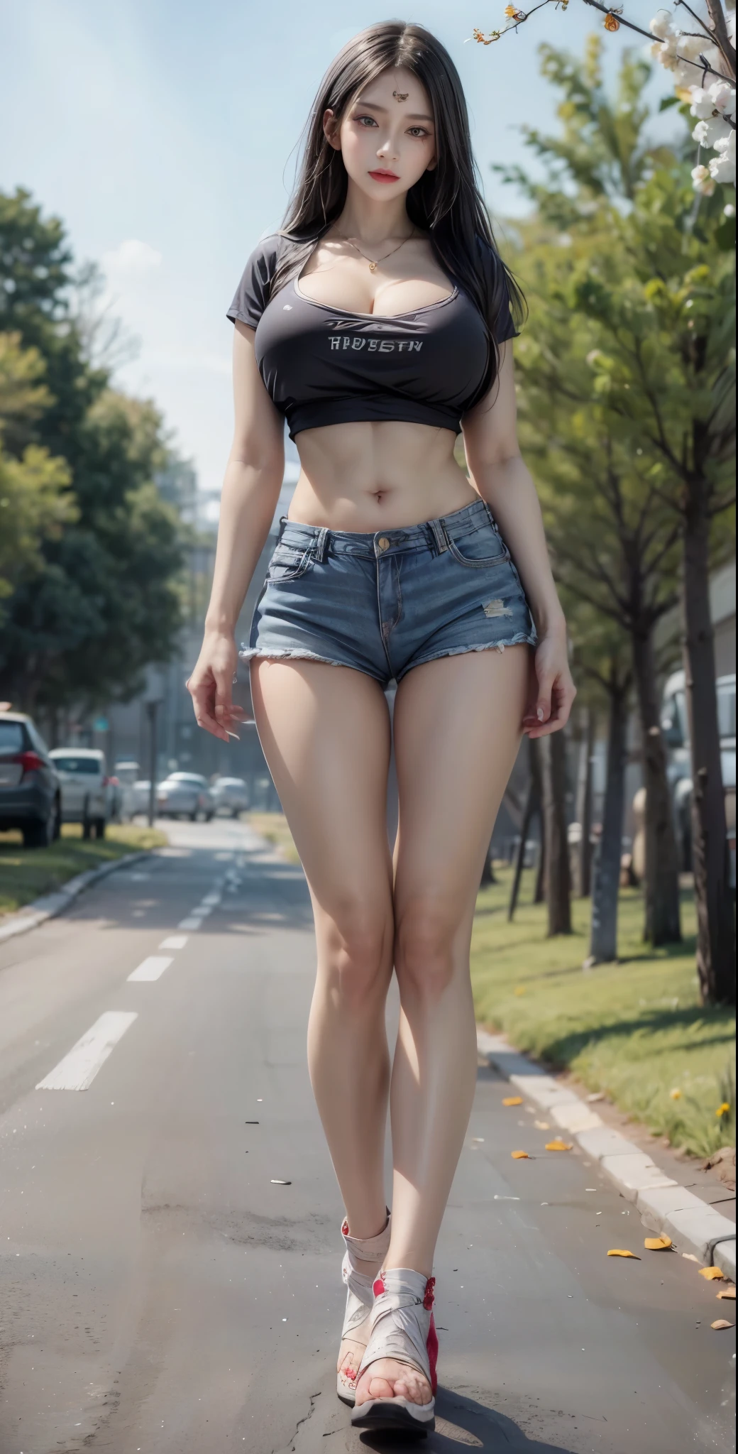 realistic, 1 women, best quality, 12k, HD, long hair, big round breasts, cleavage, ponytail, necklace, jewelry, shorts, short jacket, slim hips, hair tie, yellow eyes, black hair, super detailed, Eye details, hair details, person details, mouth details, face details, breast details, clothes details, hair details, pants details, hand details, whole body