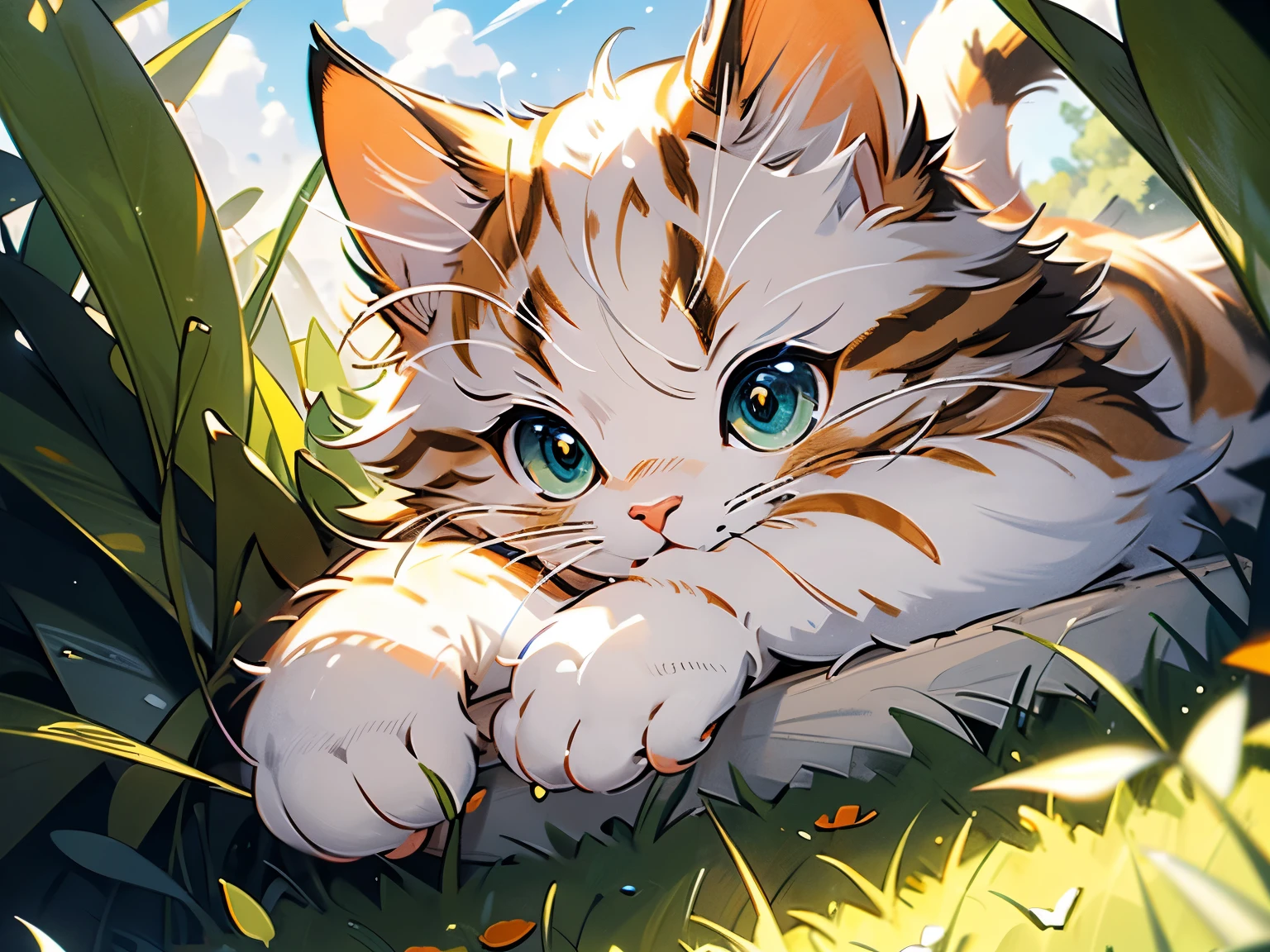 masterpiece,best quality,highest quality,ultra detailed,extremely detailed,highres,official art,high-resolution,4K,8k,UHD,detail eyes, detailed face, dramatic angle, dynamic angle, best illuminate, best shadow, best illustration,((beige and white cat)), (a cute cat), (solo), ((sleeping)), (orange shiny eyes), (happy), shiny, sunlight, blue sky, green grass