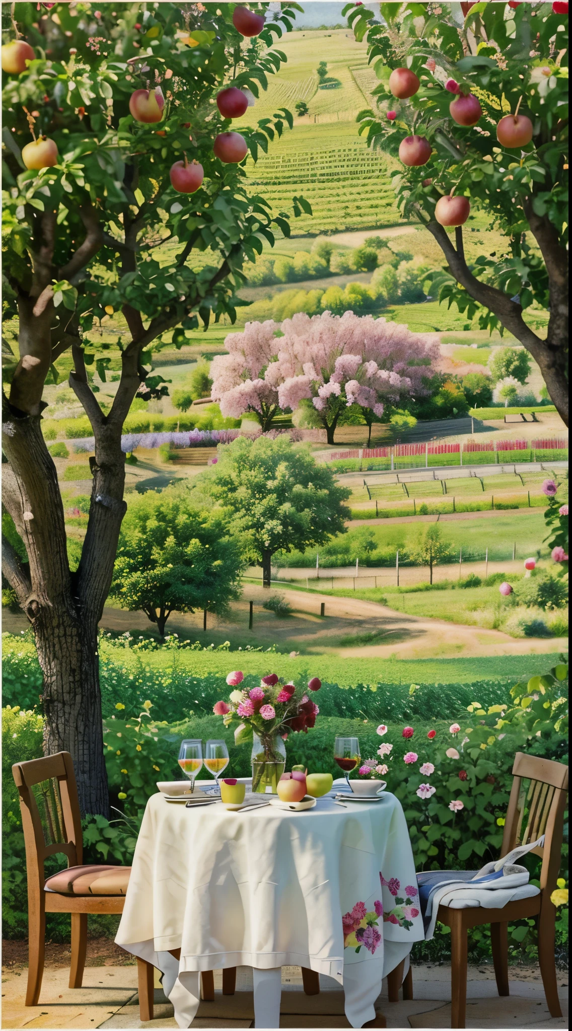 painting of a table with a vase of flowers, a pitcher of wine, and a plate of fruit, an idyllic vineyard, inspired by Charles Ginner, apple trees, standing in an apple orchard, colorful scene, apple tree, garden with fruits on trees, idyllic and fruitful land, colorful landscape painting, published art, summer setting, courful illustration