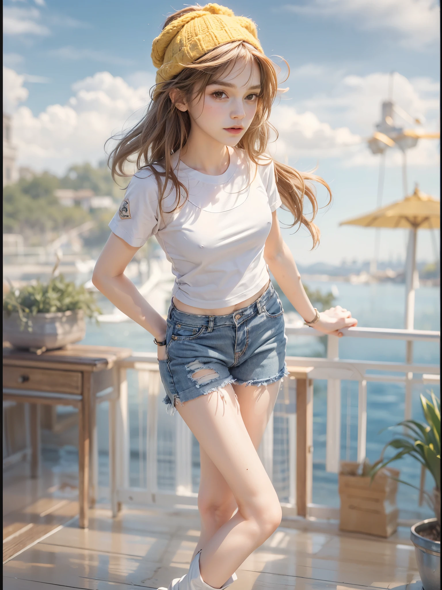 masterpiece, best quality, realistic, colorful, delicate, sharp focus, (PureErosFace_V1:0.5), (detailed beautiful delicate face, high detailed skin, skiny and thin:1.3), 1girl, 19 years old, tall, (smooth_abs:1.55), (abs:0.5), pretty, masterpiece, (long_skinny_legs), (straight_legs), (skinny_waist), (((fair skin))), white skin, bandeau, (school_uniform:swim_suits:0.5), yellow/pink shorts, chestnut brown hair, looking at viewer, yellow/orange sports shoes, glasses, (Emma_watson), big_breast, swimmer, white knit hat, boxer, crop_top, slender_legs, ((Small underhoulder length straight short hair: 1.2), （Extremely meticulous CG 8k wallpaper），（Extremely refined and beautiful），（Masterpiece），（best qualtiy：1.0），（Ultra High Resolution：1.0），beautiful light up，Perfect lightning，realistic shaded，[A high resolution]，Smooth and flawless fair skin，Extremely exquisite facial details，（perfect body：1.1），ultra - detailed，A beautiful girl，small head，(Small breasts:1.1)，Flat chests，slim，thin，Smile，cheerfulness，(White Short Sleeve T-shirt:1.1），（Light blue denim pants:1.1）,camel toe,(Black military boots:1.1)，early autumn，Dusk, sunset light，Standing at the school gate，Close Shot，Surrounded by a crowded crowd, (Emma_watson)