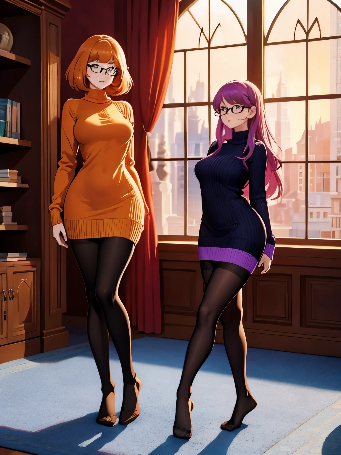 Show entire body, feet in view, Velma and Daphne, sweater dresses, both wearing pantyhose, no shoes, luxurious house, huge windows