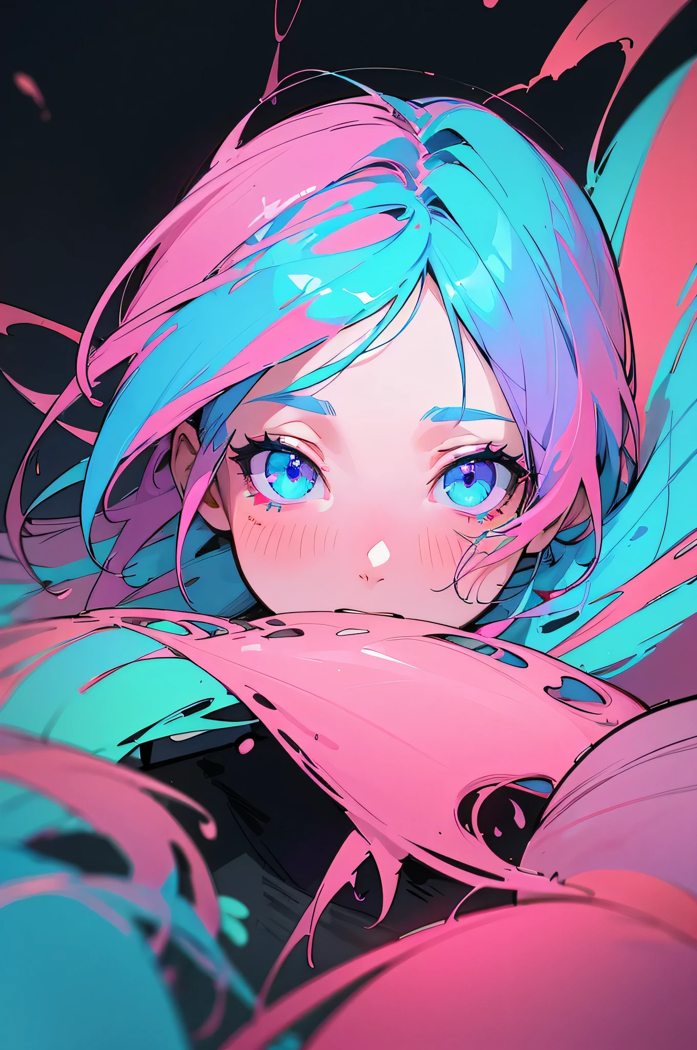 (Carne Griffiths style:1.3), ((Masterpiece)), neon,(((Best Quality))), (illustration | Cinematic lighting), Intricate, 8K, HD, FXAA, (absurdres), ((simple shading)), (multi-colored hair | Blue hair | pink hair), (multi-colored eyes | blue eyes | pink eyes | cosmos in the eyes), (black poloneck), ((lifeless look))
INFO