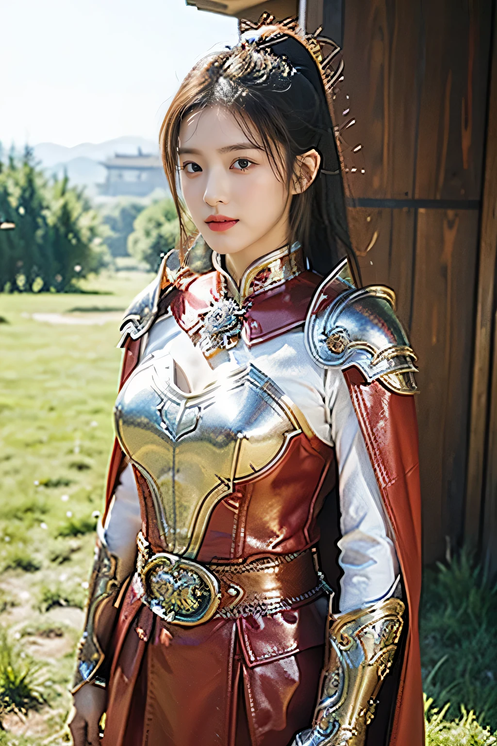 masterpiece，Best quality，A high resolution，8K，Original photo，real photo，Ancient city wall battlefield background,((field：1.8))，digital photography，(Female generals on the battlefield in the Han Dynasty)，(((standing on the grass)))，18-year-old girl，（long ponytail hairstyle)，cparted lips，Full and erect breasts，Noble and charming，Elegant and serious，(Thick metal fish scale armor），Long red cape，The combination of white metal and red leather，Chest covered with gold armor，metallic luster，Leather buckle，Exquisite pattern，mysterious badge，Cool and gorgeouig breasts))，Chest groove，Three Kingdoms character painting style，Photo pose，oc render reflection texture，bright shades，No shadows on the face，charming smile，Head-up shot，