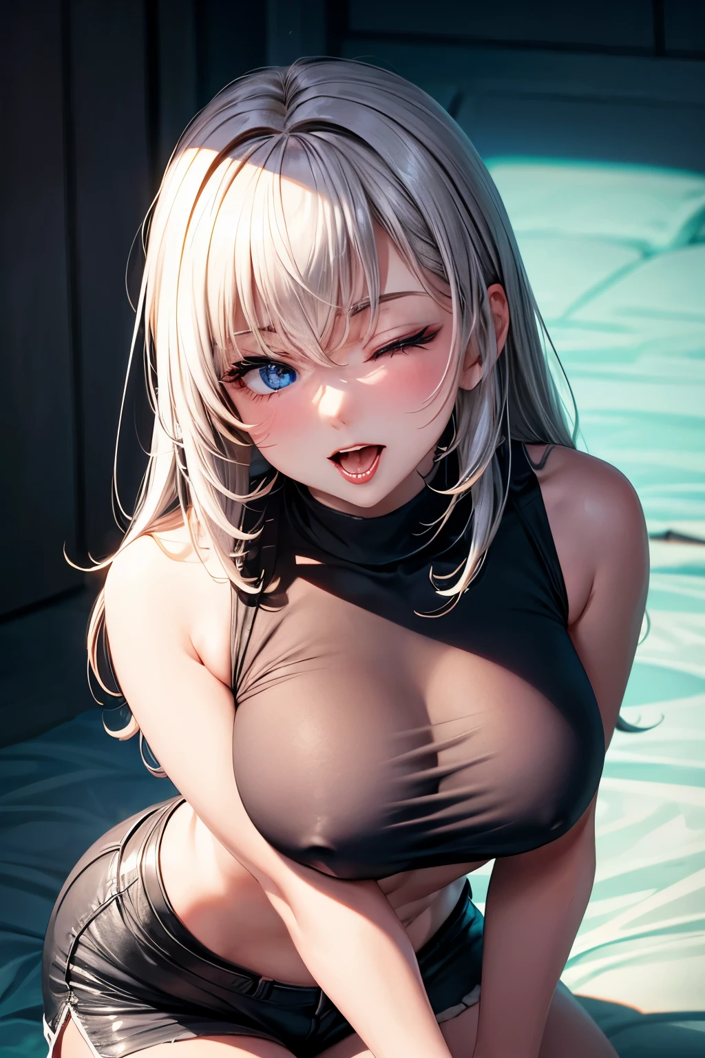 hot 30 year old woman, sleeveless turtleneck shirt and elastic shorts, red lips, blue eyes, salivating, orgasm eyes, closed eyes, to orgasm, sperm, sensuality angle, NSFW, from above, sensuality composition, excited