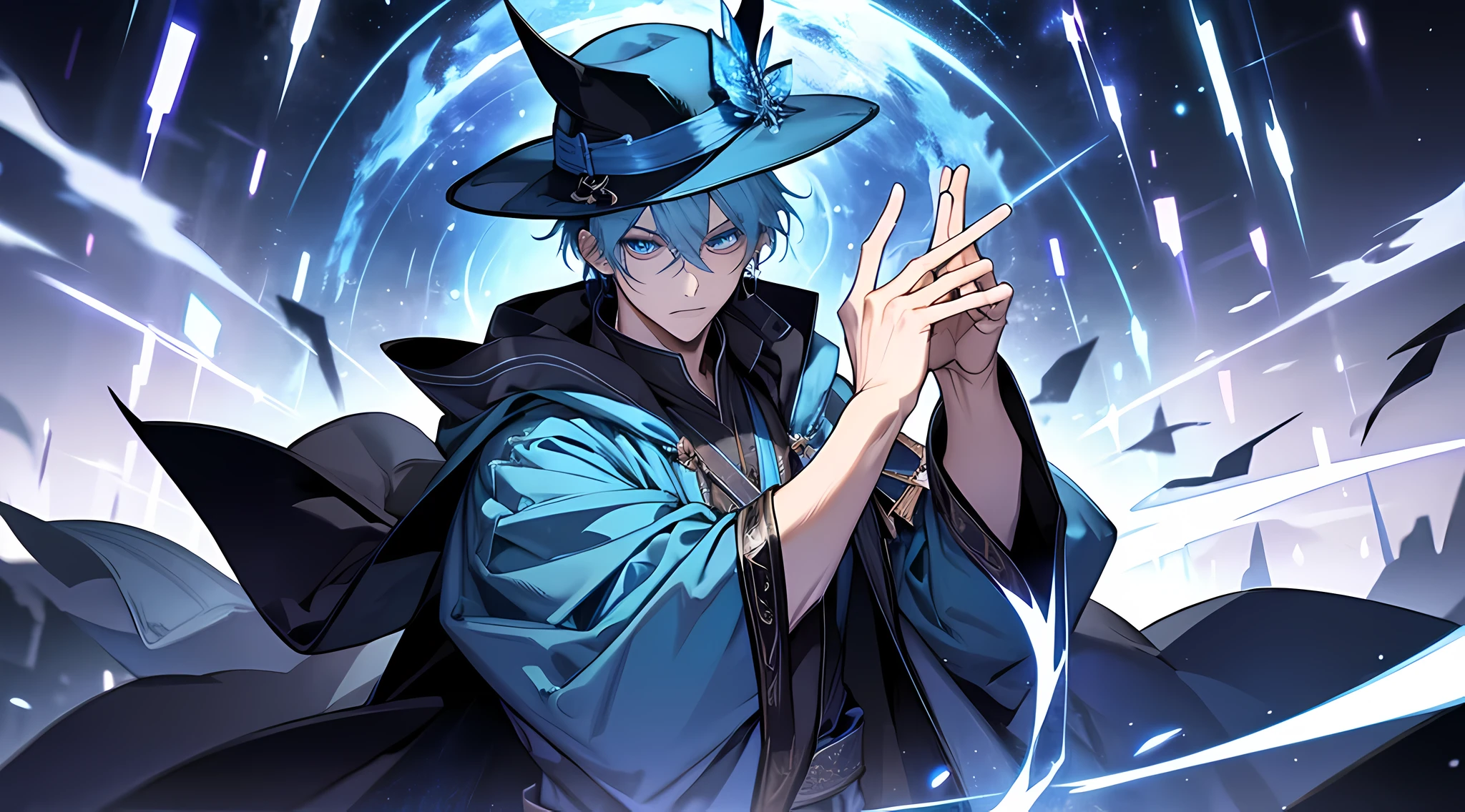 Male magician。Thunder,Eyes glow。magic rune。battlefiled。irate,hoary,Magic Hat,Gorgeous blue magic robes。Raise the hand of the Thunder Staff