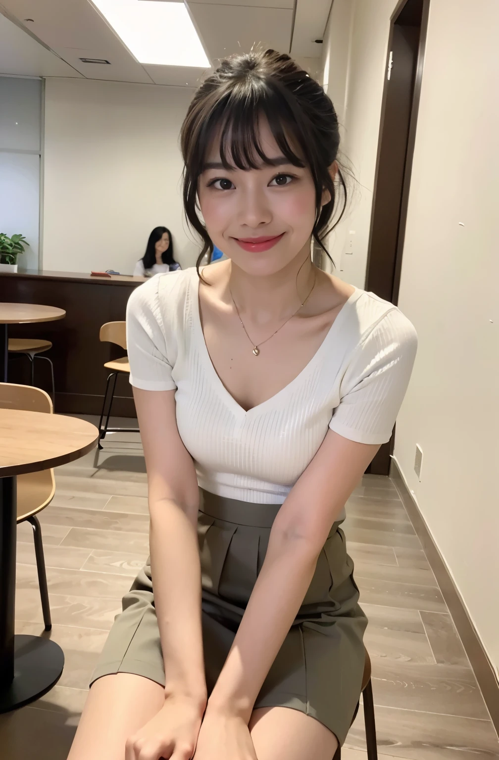 ((Best of the highest quality, 8k, Masterpiece: 1.3, raw photo)), Sharp focus: 1.2, (1 AESPA, slim body type female, 21 y/o: 1.1), (Solo: 1.2), (realistic, photo-realistic:1.37), face focus, cute face, finely eyes, (small breasts, flat chest, Thigh: 1.3), (short messy hair, bangs, updo: 1.28), (neat camisole, skirt: 1.32), sitting dining cafe, sun light,
