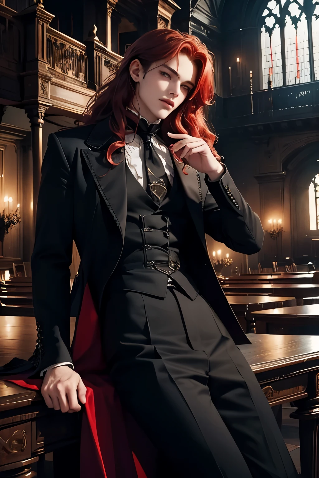 ((Best quality)), ((masterpiece)), (detailed), ((perfect face)), ((halfbody)) perfect proporcions, He is a handsome boy, he is 18 years old, he has long wavy red hair, he dresses in black gothic Victorian clothing, he is inside a gothic library, he has a book in his hand, ((perfect face)) fullbody+ , vampire ambience,