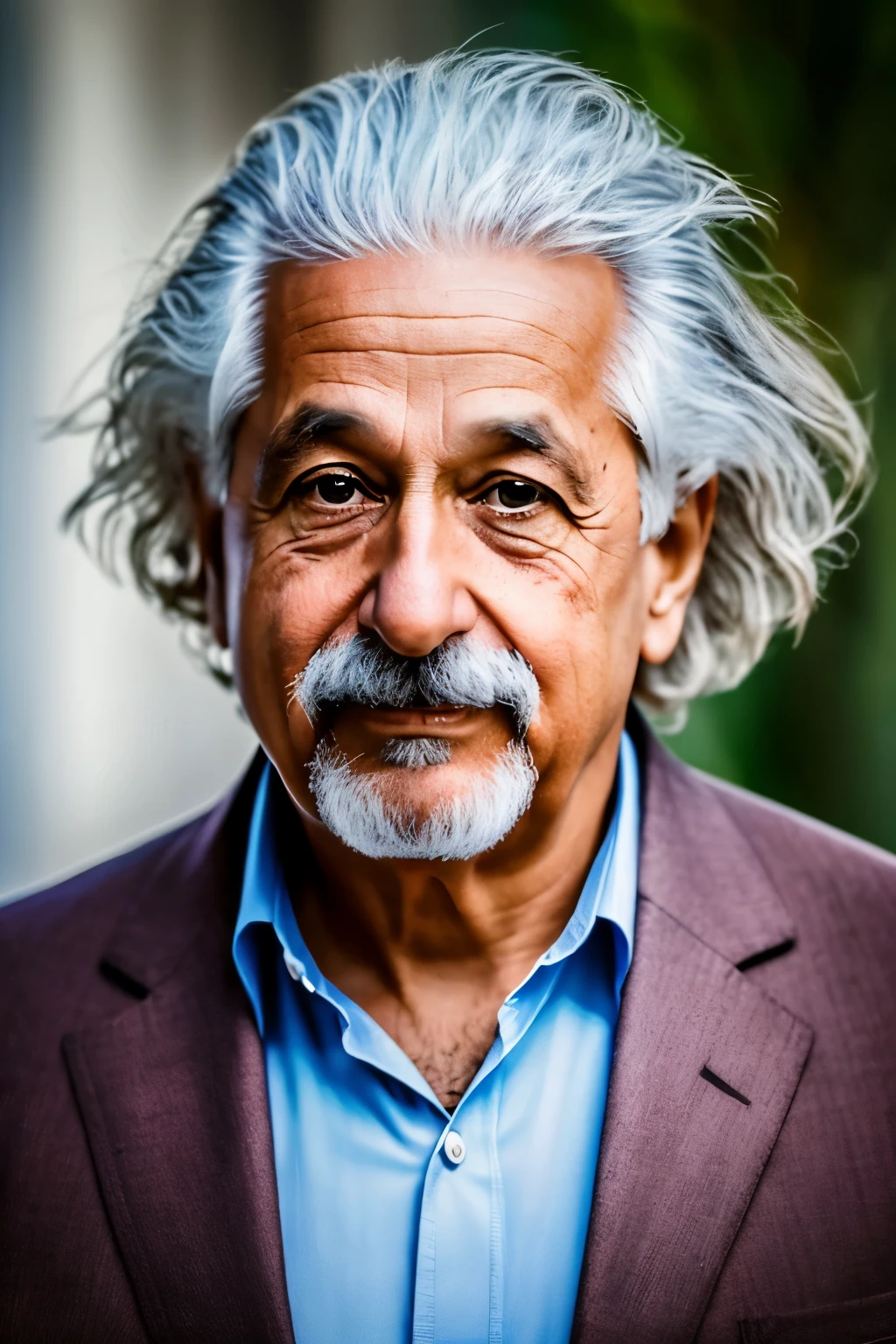 Foto RAW em sequencia, una fotografia de Albert Einstein, ((retrato de perfil, grande sorriso)), pelos desordenados, barba larga y bigode, vestimenta informal, figura sentada, collection scheme, detalles faciales definidos, planos de fondo poco desfocados, natural lighting, HDR, foto realista, foto profesional, interaccionando con el espectador, visual inteligente, fotorrealista, Genio, piel natural, 8k UHD, alta calidad, granos de filme, Fujifilm XT3