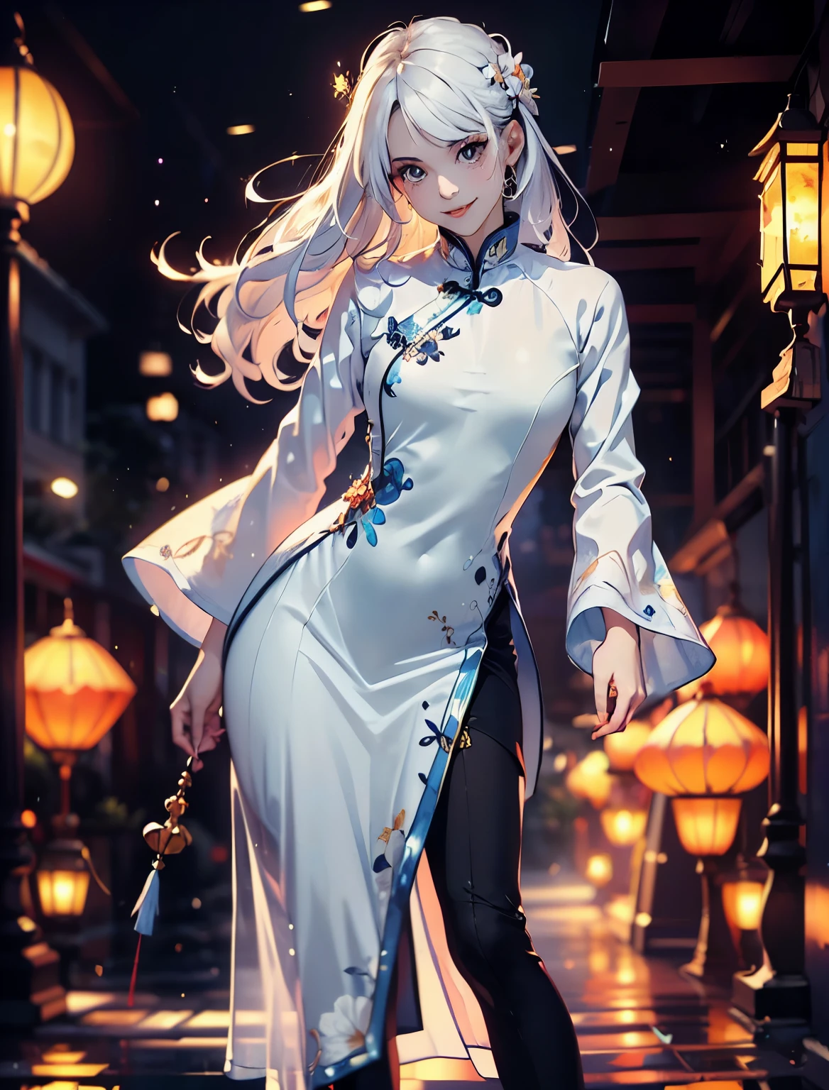 (Official art、Best Quality、Unity 8k Wallpapers、32K、​masterpiece、ultra-detailliert、超A high resolution、realisitic、Photorealsitic、Very ridiculous:1.2)、(Cinematic lighting:1.2), 、Best Shadows、Rim lighting、side lights、(Ultra-detailed and complex 3D rendering)、Detailed beautiful face and eyes、Sharp pupils、Realistic pupils、A slender、1Girl 、Medium bust、 beauitful face、(-yeld beiful girl)、((Small breast:1.5, smallchest:1.5)), (super detailed skin、detailed skin textures:1.3)((Bacground : pagoda:1.5)),((White hair:1.5)) ,(shoulder long hair:1.5).((Modern Vietnamese Aodai :1.5)) , ( unique Vietnamese Aodai:1.5) , (wearing a Vietnamese Aodai:1.5),(enjoy expression:1.5) , ((cute smile:1.5)) , (wearing a Orange peel colored Vietnamese Aodai:1.5),(Hunyadi yellow decorative motifs of Aodai:1.5)