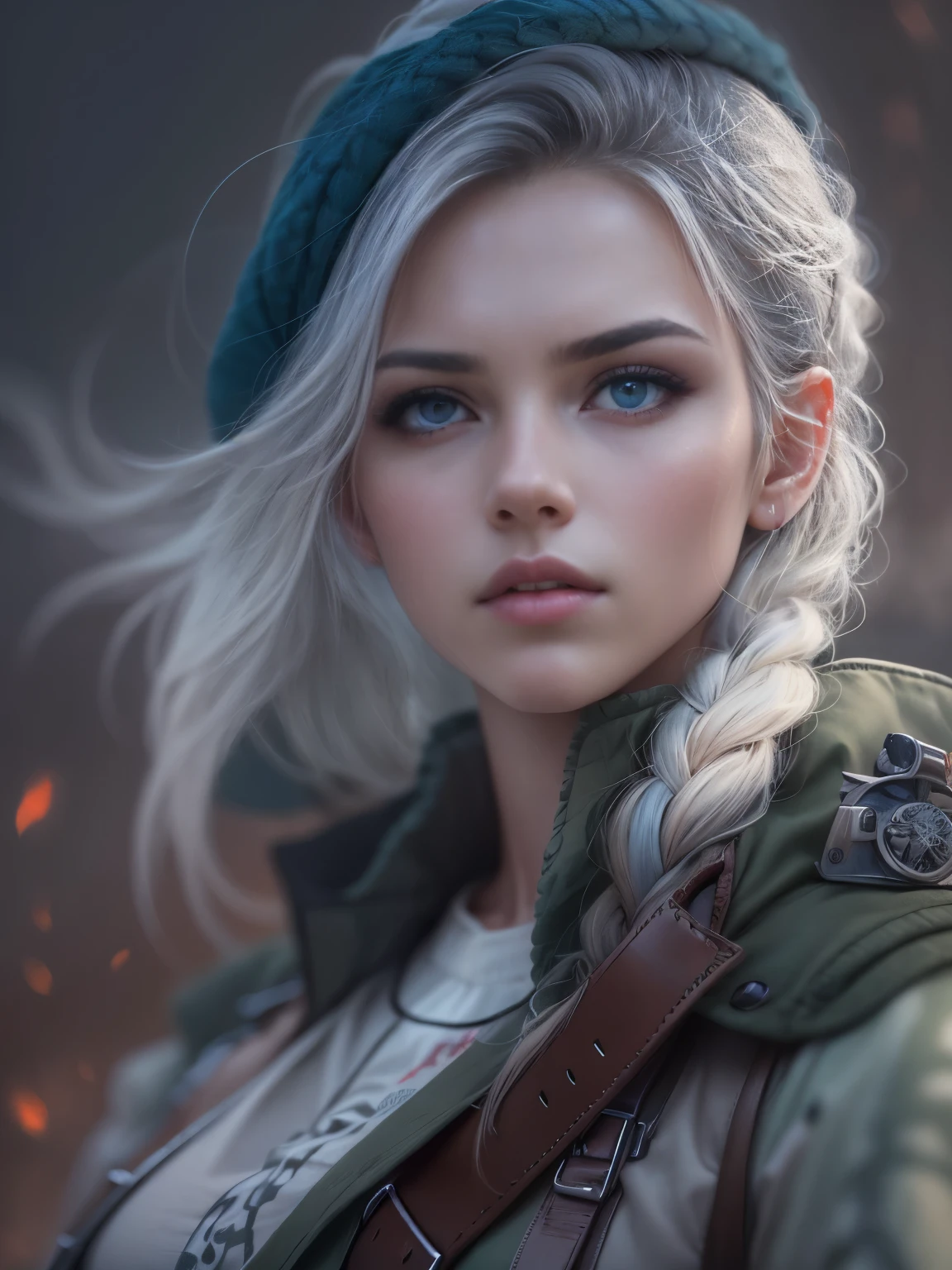 photorealistic, high resolution, 1 beautiful female, beautiful blue eyes, braided white hair, serious look, green military fashion, dynamic pose, background military base camp, dramatic, chromatic aberration.