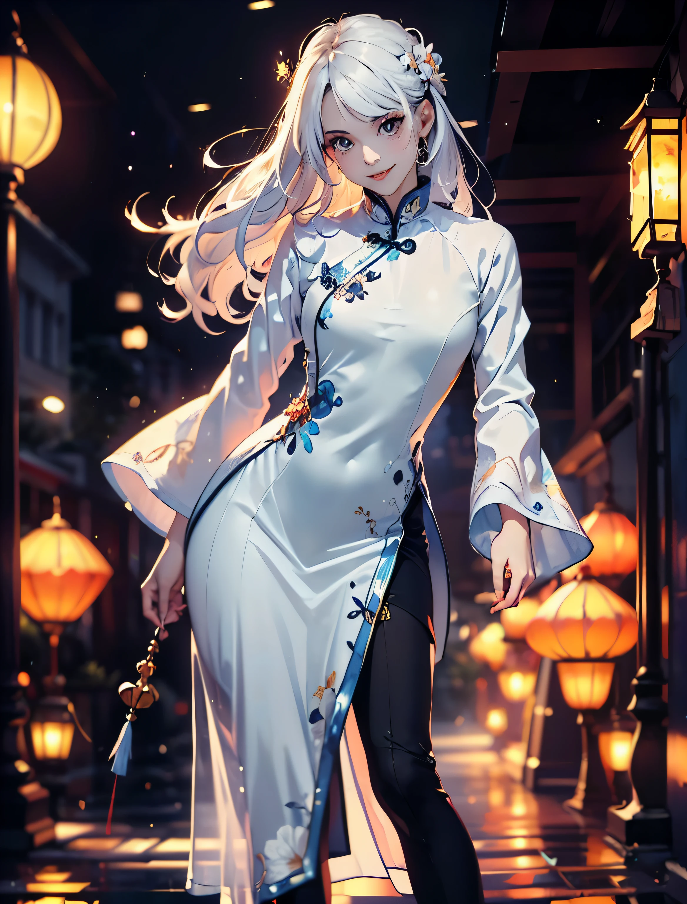 (Official art、Best Quality、Unity 8k Wallpapers、32K、​masterpiece、ultra-detailliert、超A high resolution、realisitic、Photorealsitic、Very ridiculous:1.2)、(Cinematic lighting:1.2), 、Best Shadows、Rim lighting、side lights、(Ultra-detailed and complex 3D rendering)、Detailed beautiful face and eyes、Sharp pupils、Realistic pupils、A slender、1Girl 、Medium bust、 beauitful face、(16-year-old beautiful girl)、((Small breast:1.5, smallchest:1.5)), (super detailed skin、detailed skin textures:1.3)((Bacground : pagoda:1.5)),((White hair:1.5)) ,(shoulder long hair:1.5).((Modern Vietnamese Aodai :1.5)) , ( unique Vietnamese Aodai:1.5) , (wearing a Vietnamese Aodai:1.5),(enjoy expression:1.5) , ((cute smile:1.5)) , (wearing a Orange peel colored Vietnamese Aodai:1.5),(Hunyadi yellow decorative motifs of Aodai:1.5)