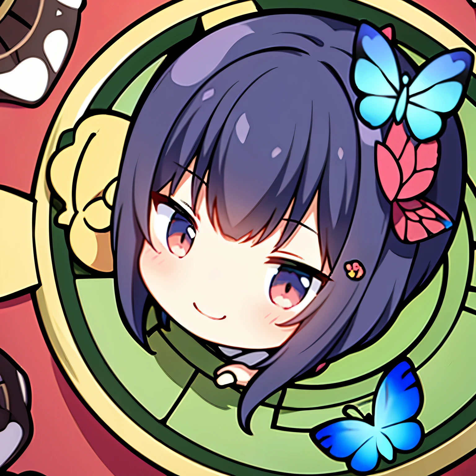 Anime characters in Japan（chibi girl、smile、kimono、butterfly hair ornament）There is a manhole cover with a、colorful
