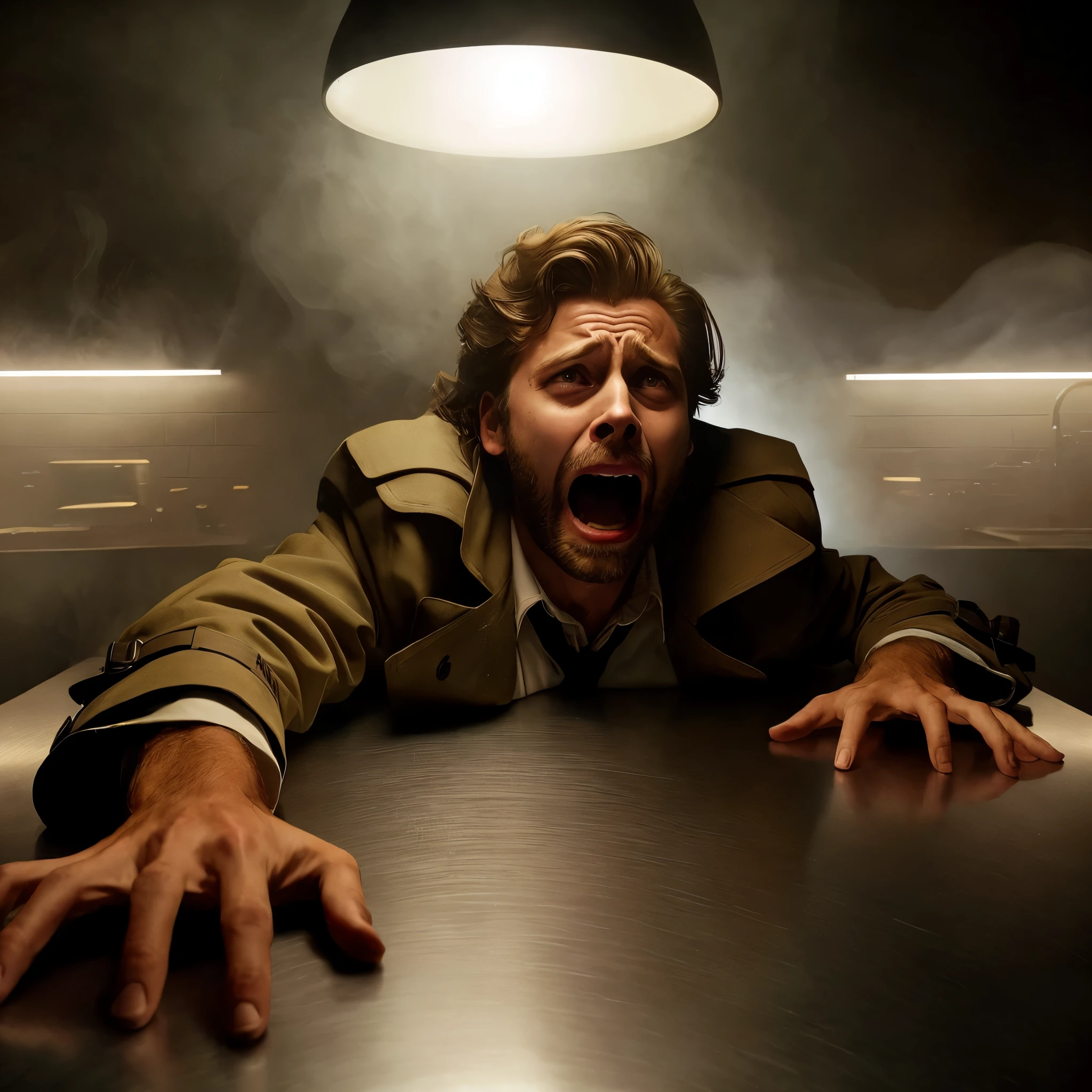 there is a man with his mouth open and his hands on a table, mad man screaming, by Andrei Kolkoutine, man is terrified, the man is screaming and sad, hyperrealistic nightmare scene, man screaming, horror dramatic moment, angry man, alexey egorov, aaaaaaaaaaaaaaaaaaaaaa, harsh, dramatic sci-fi movie still, dramatic action shot