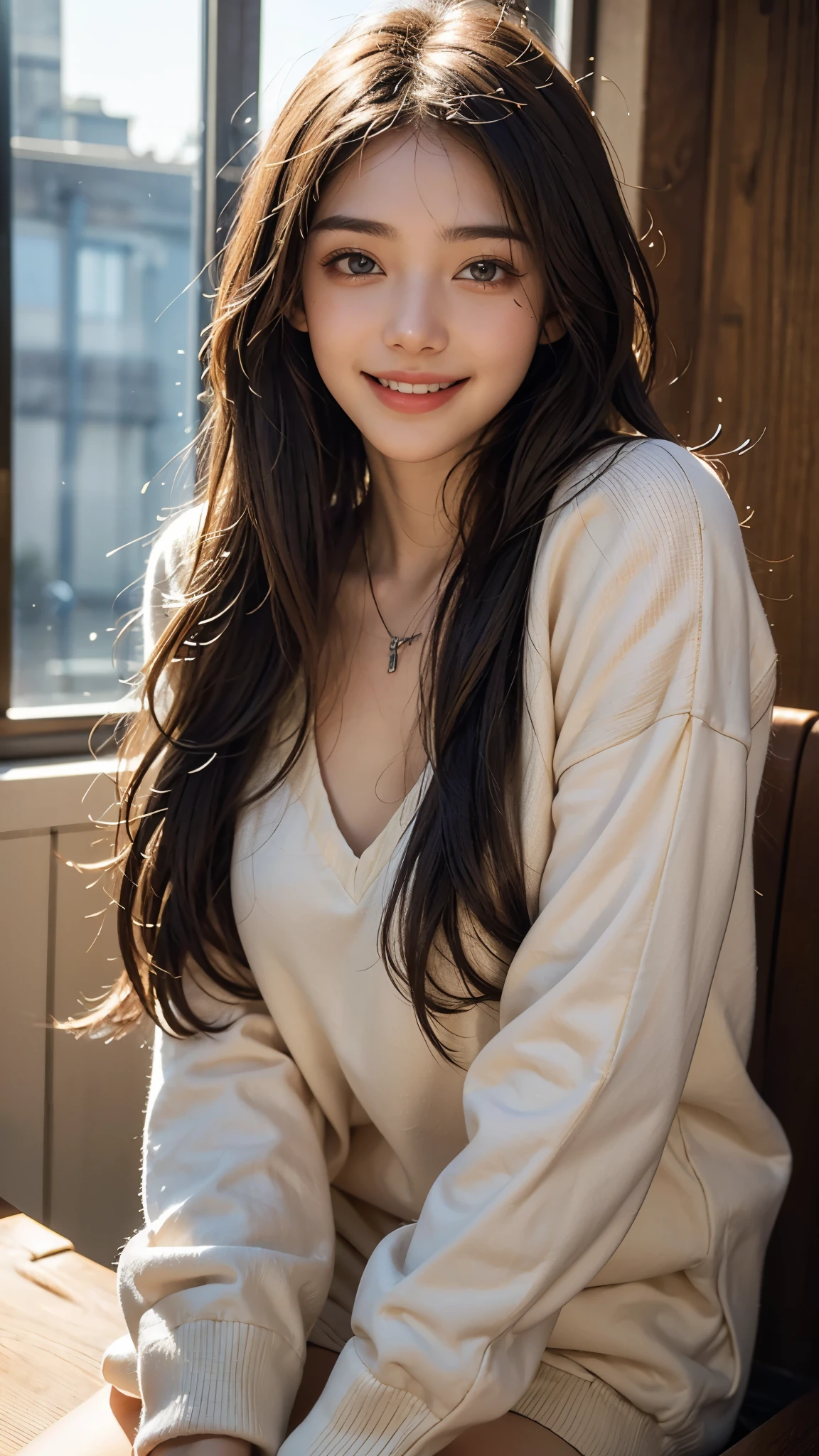 highest quality, pieces fly, ultra high resolution, (that'realistic:1.4), RAW photo, 1 girl, Mr. Kーpop idol, long hair, slender body,large hoodie,fine eyes,(realistic eyes),delicate face,realsMr. Kin,fine hair,Detailed sMr. Kin,cute face,((smile))、((laughter))、((you look happy, smile)),