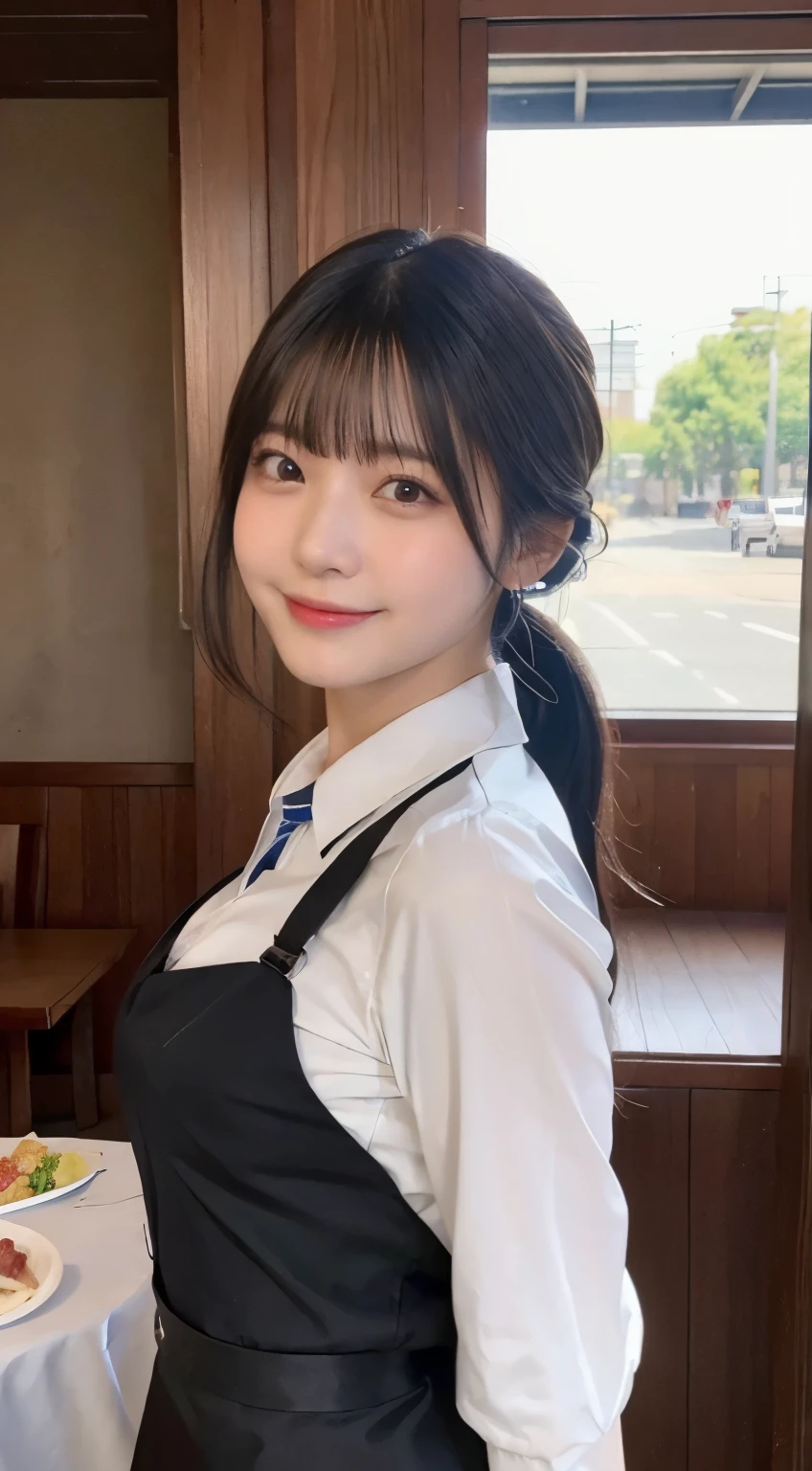 (highest quality,masterpiece:1.3,ultra high resolution,),(Super detailed,caustics),(Photoreal:1.4,RAW shooting,)ultra-realistic capture,very detailed,High resolution 16K human skin close-up。 natural skin texture、,The pores are、、、Must be detailed enough to be easily identified。 Skin should look even-toned and healthy。 Use natural light and color,restaurant,Waitress Uniform,1 girl,Japanese,18-year-old,cute,black haired,ponytail,big breasts,smile,turn your body forward,(Front view:1.1),look at the camera,cowboy shot,