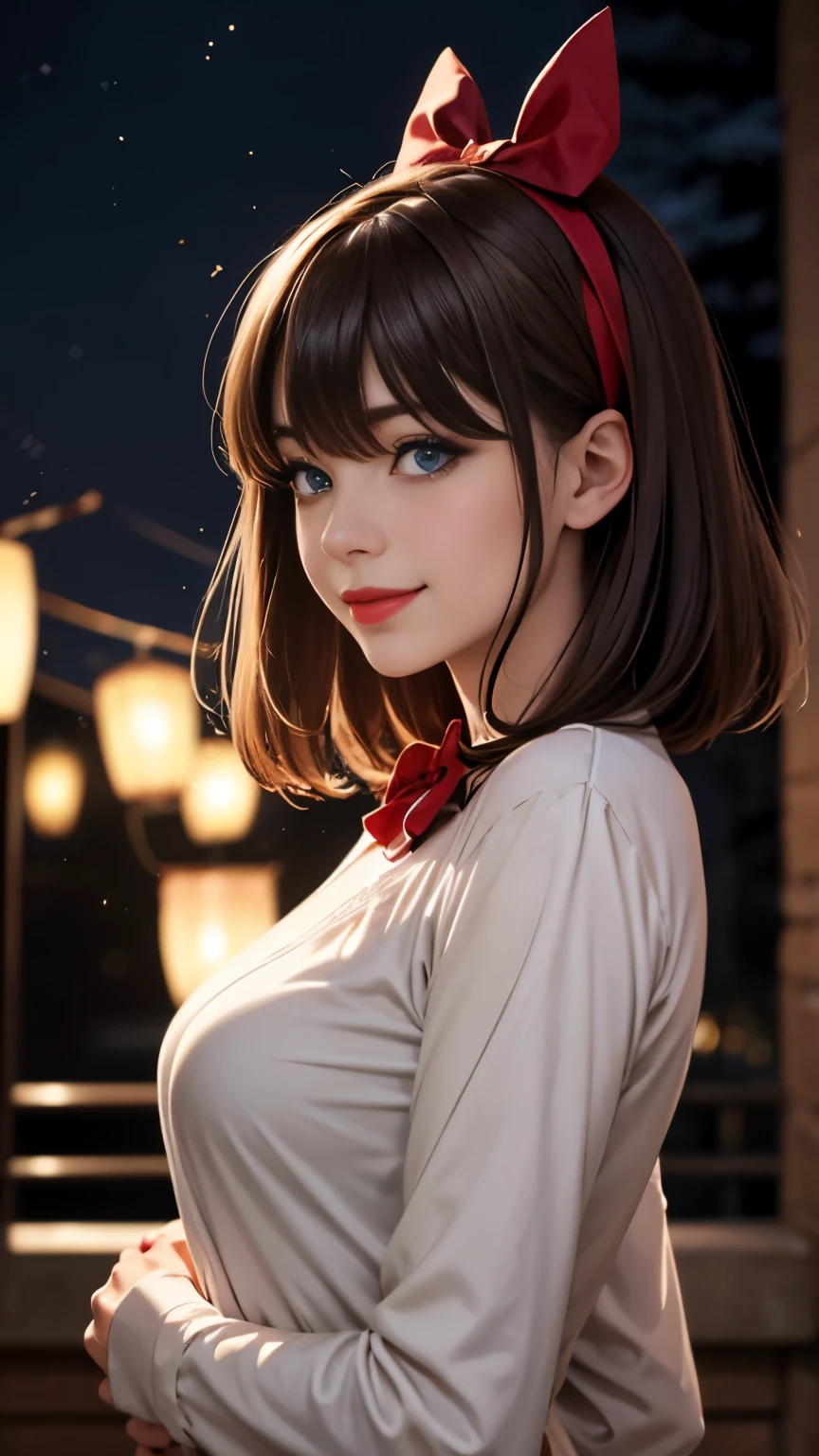 (extremely delicate and beautiful: 1.2), 1girl, bangs, blue eyes, blur, blur background, bow, brown hair, shut up, side view, hair between eyes, hair bow, lantern, light particles, long sleeves, look looking at audience, medium hair, night, red bow, solo, stars(symbol),nude upper body, smile, red lips,sexy model pose, kneeling,