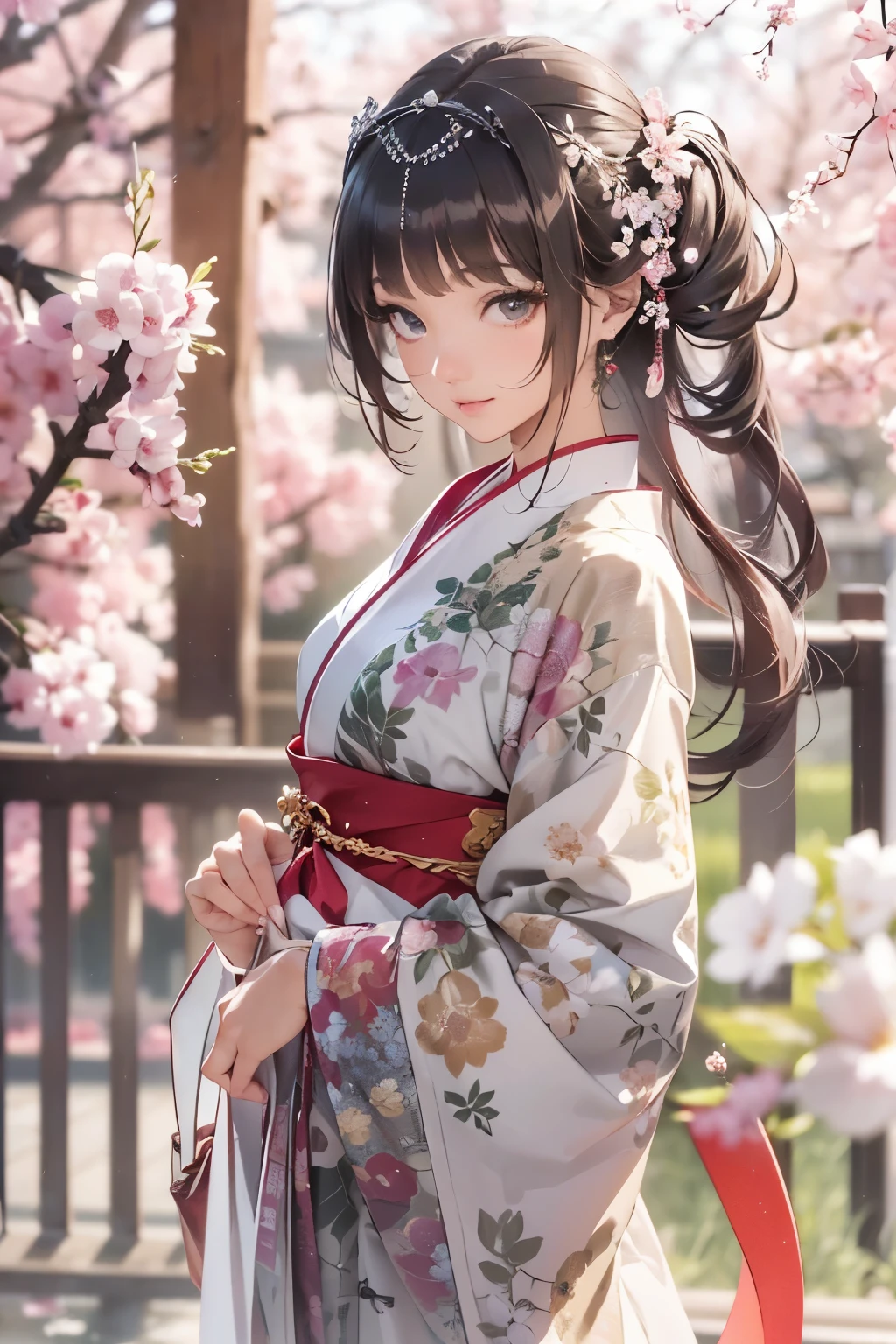 highest quality、masterpiece、Super detailed、ultra high resolution、slender、medium bust、(whole body:1.2)、(profile、I looked away) :1.2)、High definition background、realistic eyes、blurred background、(very detailed face and eyes、beautiful face、super detailed skin、Fine skin texture:1.3)、Japan veranda、Shoji、spring landscape、