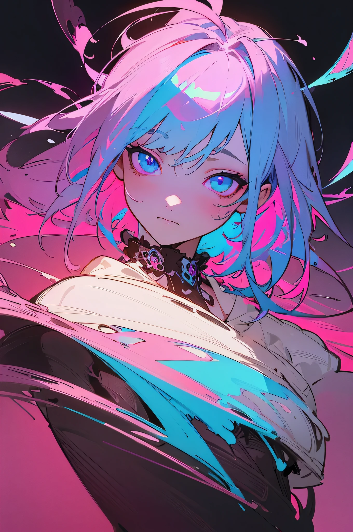 (Carne Griffiths style:1.3), ((Masterpiece)), neon,(((Best Quality))), (illustration | Cinematic lighting), Intricate, 8K, HD, FXAA, (absurdres), ((simple shading)), (multi-colored hair | Blue hair | pink hair), (multi-colored eyes | blue eyes | pink eyes | cosmos in the eyes), (black poloneck), ((lifeless look))
INFO
