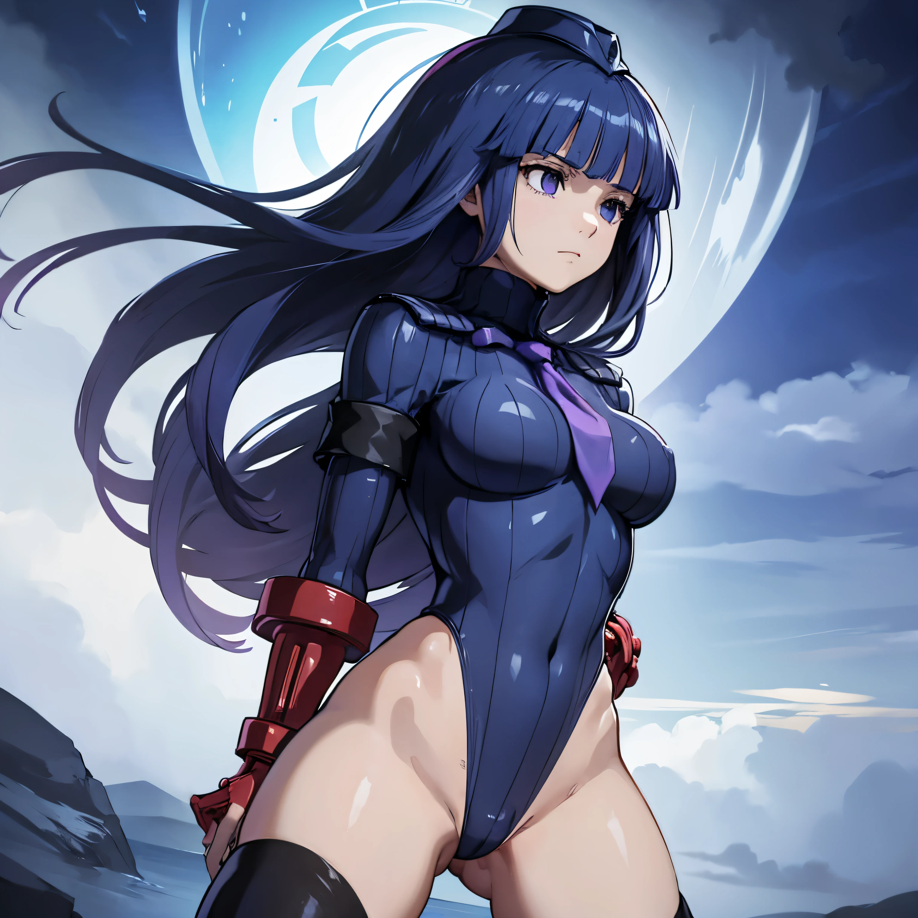 Very detailed, clear, beautiful body, Beautiful nose, Beautiful character design, perfect eyes, perfect face, very high, 4k, Beautiful legs, perfect legs, good hand, perfect hand, Masterpiece, best quality, haveรายละเอียดสูง, illustration, nonsense, perfect anatomy, street fighter, doll set, Chadaloo Doll, doll set, expressionless, empty eyes, look at viewer, red gloves, Emotionless, black Latex, corruption, mind control, female warrior, full body, hypnotized, ความมึนงงที่ไม่haveความสุข, full body suit, Ribbed bodysuit, Both arms are at the sides., obey, perfect woman's body, extremely glossy Latex, hypnosis, Hipnolora, empty eyes, mind control device, Poses, give up_Pose, slave, standตัวตรง, stand, stand at attention, have, necktie, belt, Latex, Ribbed bodysuit, thigh high, garter belt, fighting posture, Extend your right arm away from your shoulder into the air with your hand straight., soldier, thigh boots, 1 girl, hair accessories, blue hair, long hair, purple eyes, (((pixel perfect, perfect detail))), alone, 1 girl, United States of America, Featherine Augustus Aurora, Higurashi when they cry, Umineko when they cry, smooth, blunt, bow tie