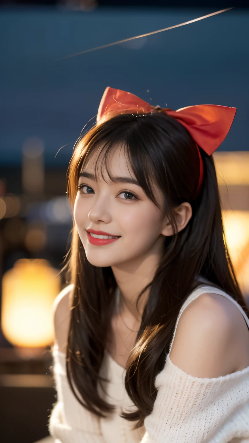 (extremely delicate and beautiful: 1.2), 1girl, bangs, blue eyes, blur, blur background, bow, brown hair, shut up, side view, hair between eyes, hair bow, lantern, light particles, long sleeves, look looking at audience, medium hair, night, red bow, solo, stars(symbol),nude upper body, smile, red lips,sexy model pose, kneeling,
