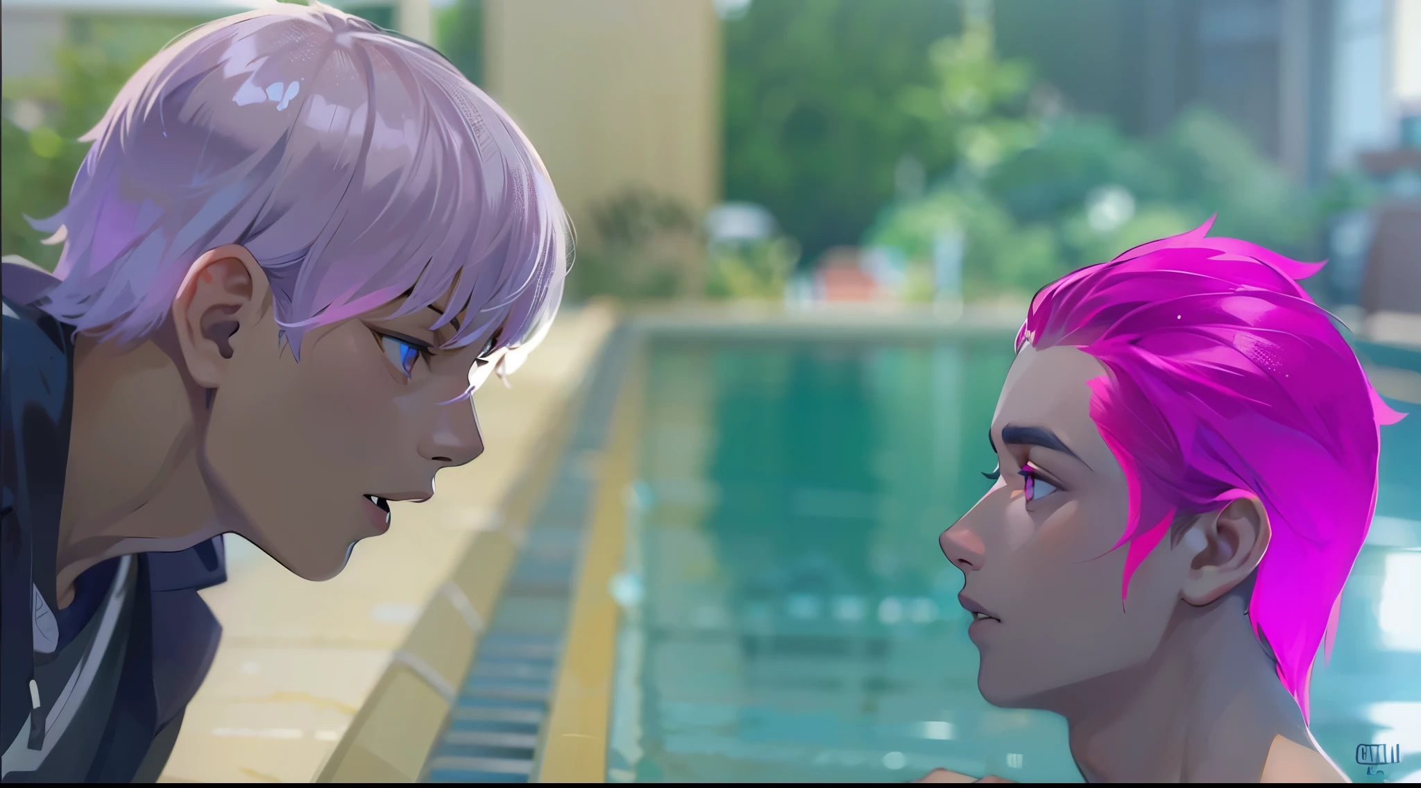 there are two handsome 16 year old boys, uno esta en la piscina cabello violeta ojos violetas, el otro se acerca y lo mira tiernamente tiene cabello plateado ojos azules