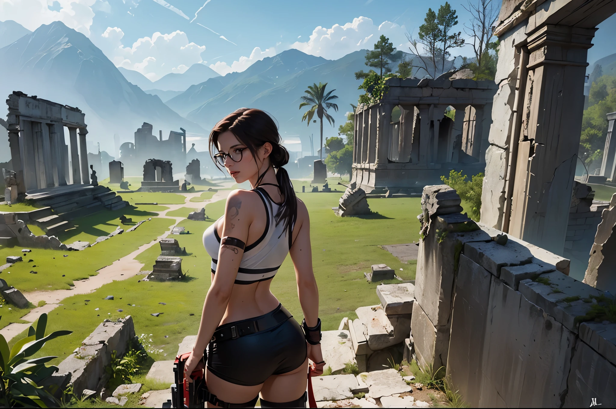 (((landscape of ancient civilization ruins))), there was a beautiful young explorer girl standing in the distance, ((wearing a tomb raider outfit)), ((wear glasses))