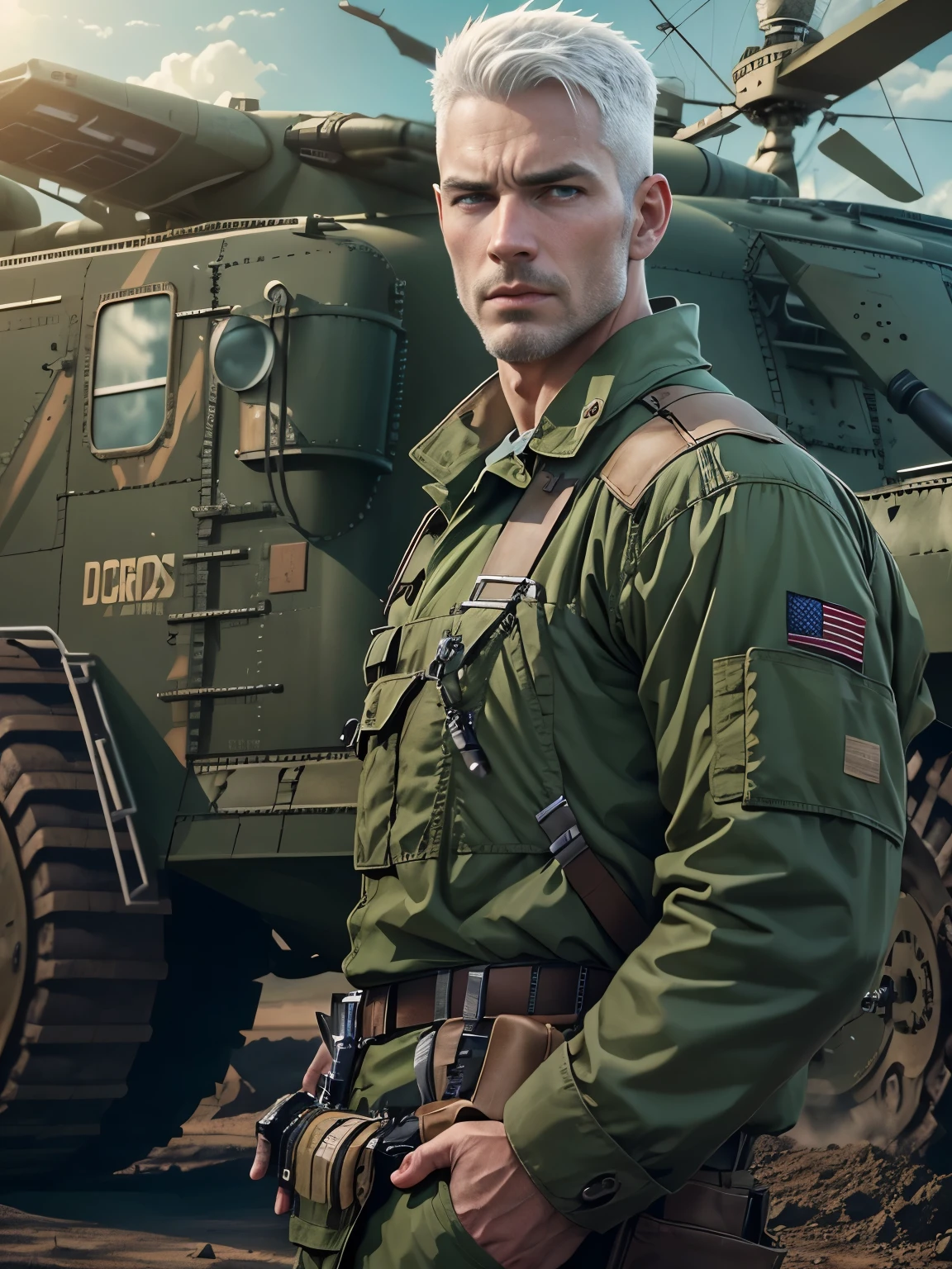 photorealistic, high resolution, 1 rugged male, blue eyes, crew cut white hair, excitement look, green military fashion, dynamic pose, background military base camp, dramatic, chromatic aberration.