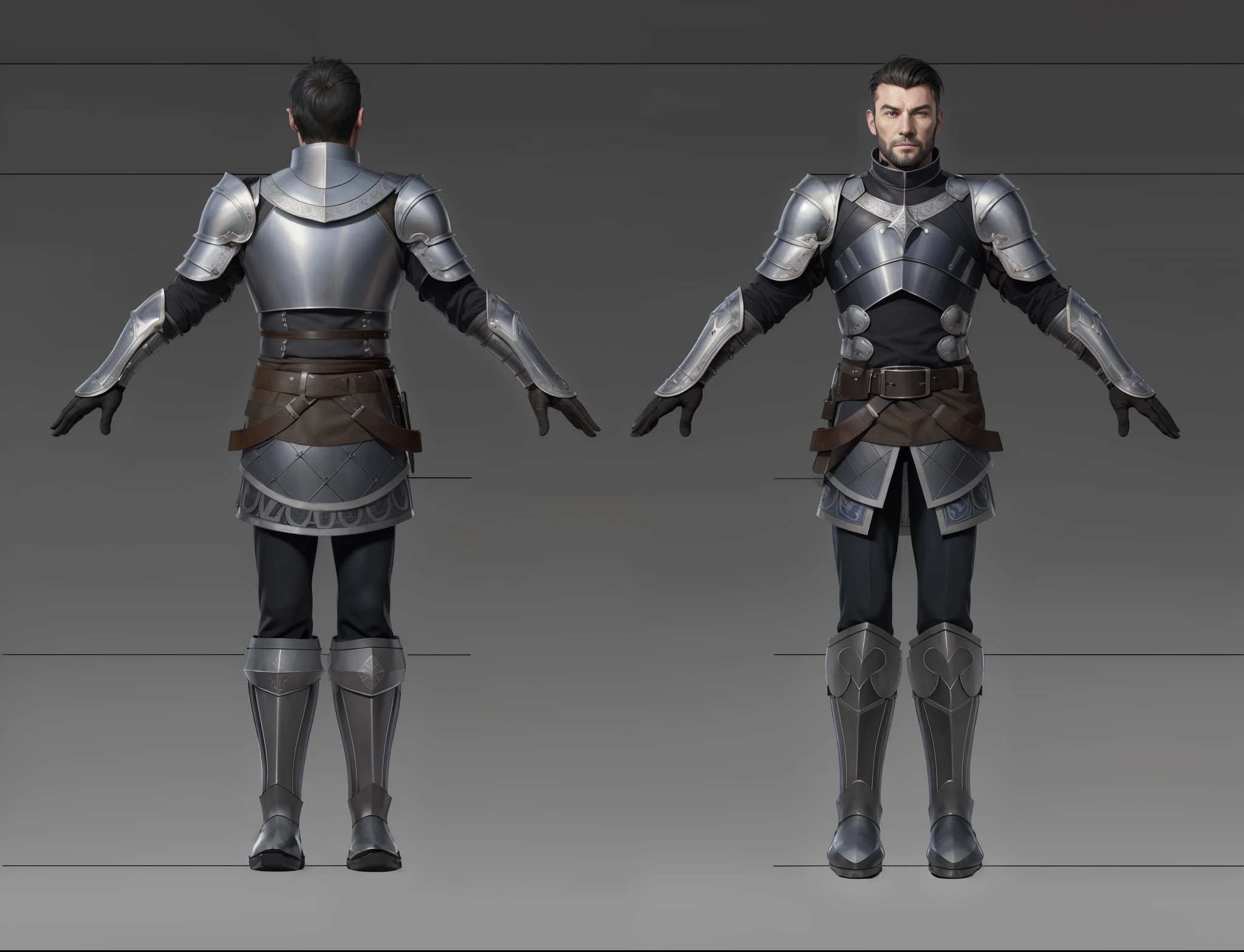 ( Realistic:1.33),(masterpiece:1.1),(highest quality:1.1),(HDR:1) a close up of a man with black leather front and back armor, collar armor, shoulder moonlit armor , full body concept, detailed full body concept, medieval imperial army style character, full body character concept, new costume concept design, full body details, detailed full body concept art, full character body, character model sheet turnaround, fullbody shot turnaround, concept character sheet, full body concept art, reference model sheet , full body concept art, imperial army style character, game character design, concept character, full body character concept art, 3d character reference sheet, male, video game character concept, detailed character design, character sheet, character model sheet turnaround , front and back, front and back, Imperial military cloth, dark costume, medieval blue Gambeson, (leather glove),( moonlit silver boot armor), gambeson, black leather waist belt, moonlit shoulder armor, black leaher chest, grey clean background, 3D character, moonlit silver boot, moonlit armor boot, armor boot , silver boot