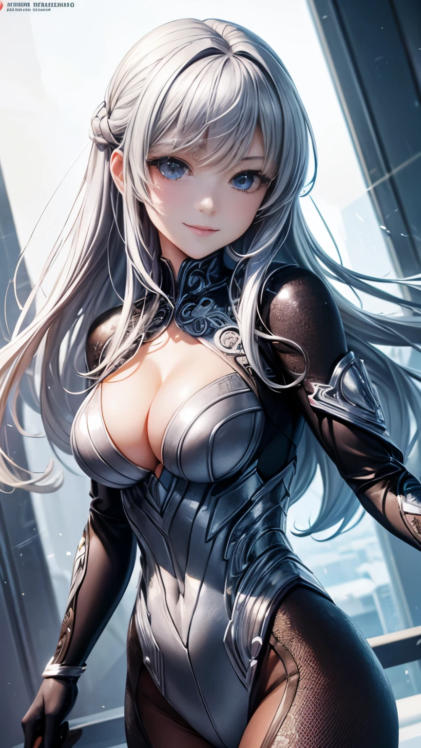((top quality)),(Super high resolution),(super detailed),(detailed description),((best anime)),(best work of art),(super precision art),Intricate and detailed science fiction art, tight suit:1.5, cleavage、beautiful eyes、3D rendering、smile、silver hair