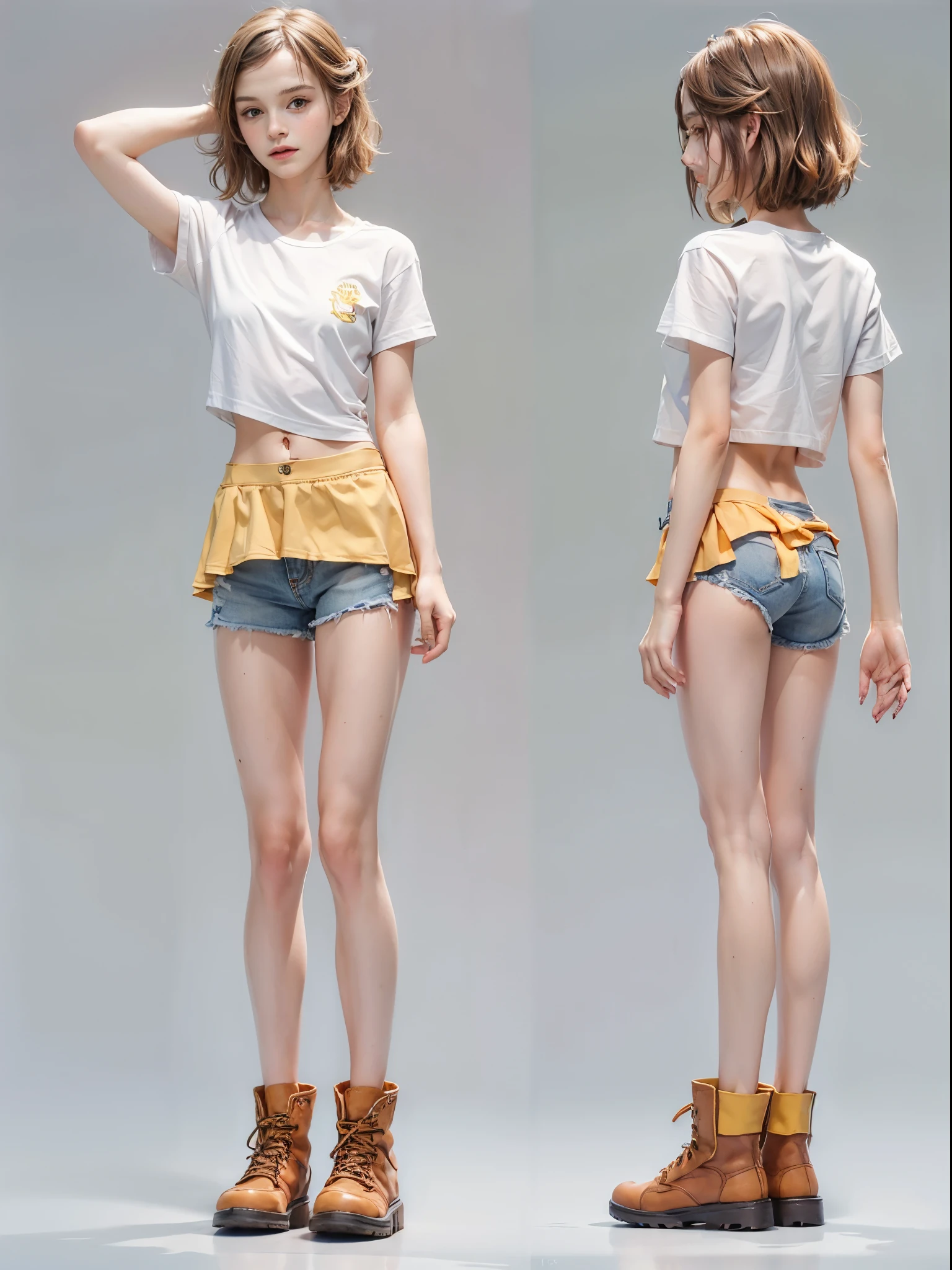 masterpiece, best quality, realistic, colorful, delicate, sharp focus, (PureErosFace_V1:0.5), (detailed beautiful delicate face, high detailed skin, skiny and thin:1.3), 1girl, 19 years old, tall, (smooth_abs:1.55), (abs:0.5), pretty, masterpiece, (long_skinny_legs), (straight_legs), (skinny_waist), (((fair skin))), white skin, bandeau, (school_uniform:swim_suits:0.5), yellow/pink shorts, chestnut brown hair, looking at viewer, yellow/orange sports shoes, glasses, (Emma_watson), big_breast, swimmer, white knit hat, boxer, crop_top, slender_legs, ((Small underhoulder length straight short hair: 1.2), （Extremely meticulous CG 8k wallpaper），（Extremely refined and beautiful），（Masterpiece），（best qualtiy：1.0），（Ultra High Resolution：1.0），beautiful light up，Perfect lightning，realistic shaded，[A high resolution]，Smooth and flawless fair skin，Extremely exquisite facial details，（perfect body：1.1），ultra - detailed，A beautiful girl，small head，(Small breasts:1.1)，Flat chests，slim，thin，Smile，cheerfulness，(White Short Sleeve T-shirt:1.1），（Light blue denim pants:1.1）,camel toe,(Black military boots:1.1)，early autumn，Dusk, sunset light，Standing at the school gate，Close Shot，Surrounded by a crowded crowd, (Emma_watson)