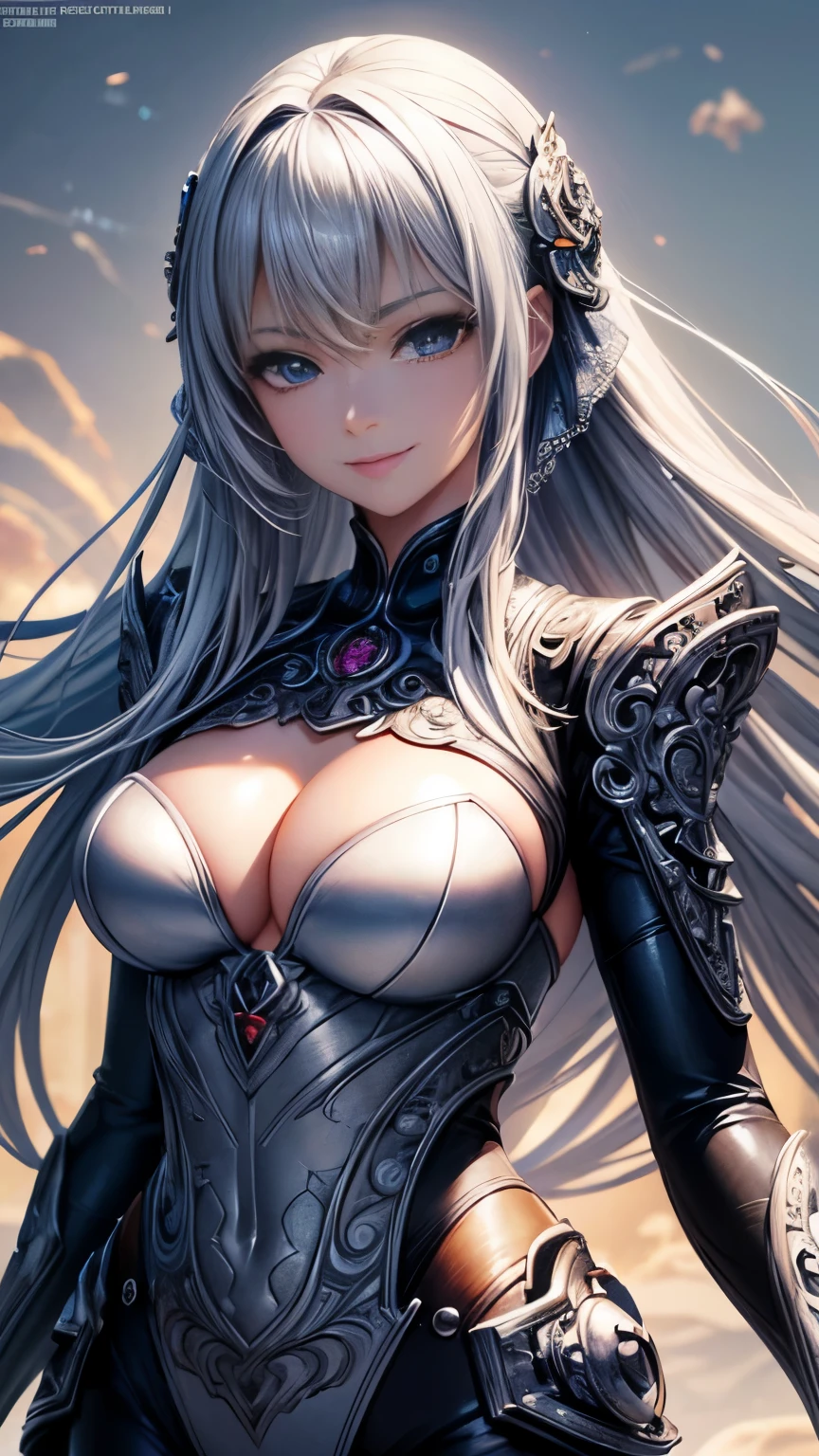((top quality)),(Super high resolution),(super detailed),(detailed description),((best anime)),(best work of art),(super precision art),Intricate and detailed science fiction art, tight suit:1.5, cleavage、beautiful eyes、3D rendering、smile、silver hair