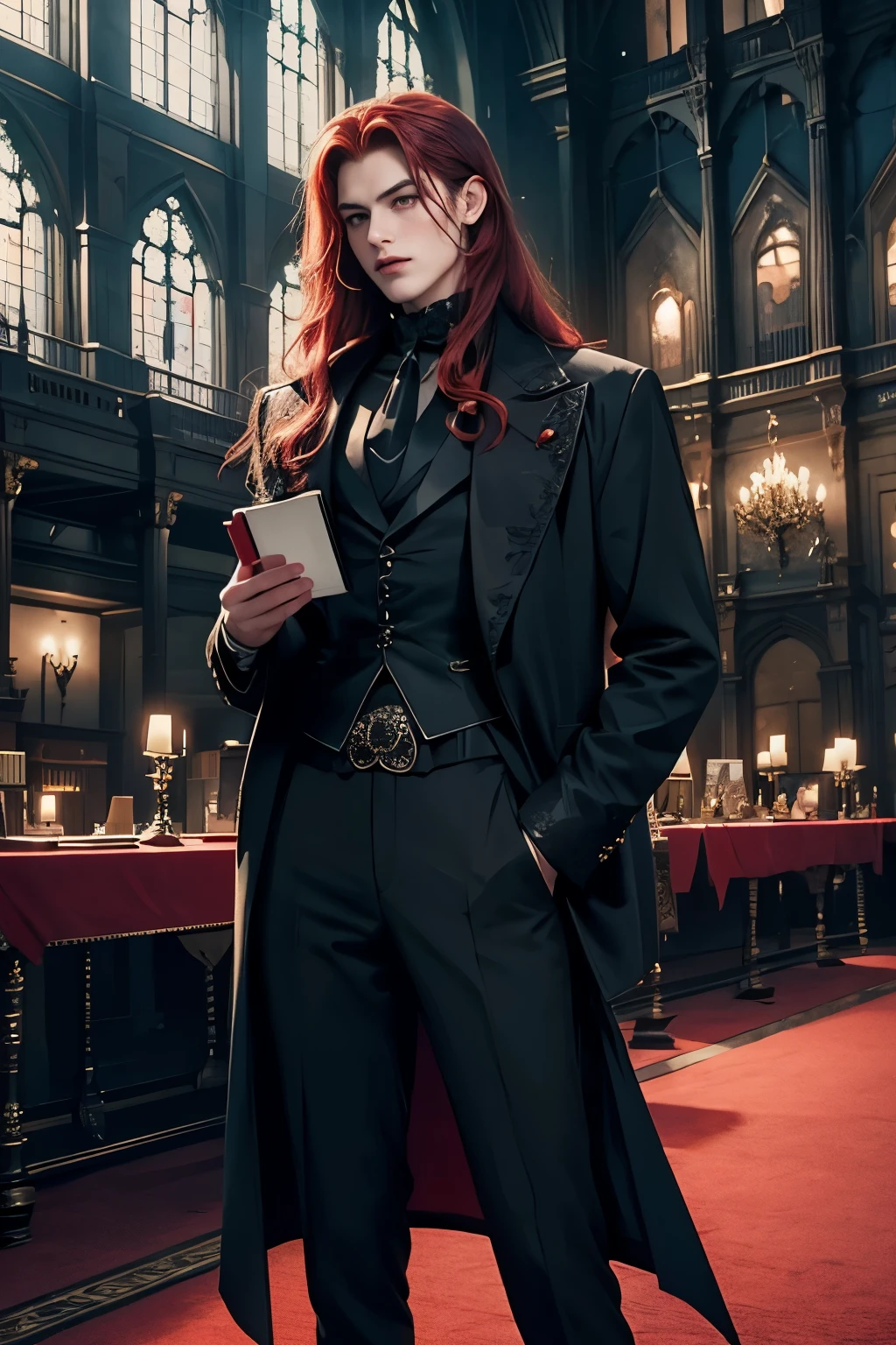 ((Best quality)), ((masterpiece)), (detailed), ((perfect face)), ((halfbody)) perfect proporcions, He is a handsome boy, he is 18 years old, he has long wavy red hair, he dresses in black gothic Victorian clothing, he is inside a gothic library, he has a book in his hand, he has black victorian shirt, ((perfect face)) fullbody+ , vampire ambience red hair 