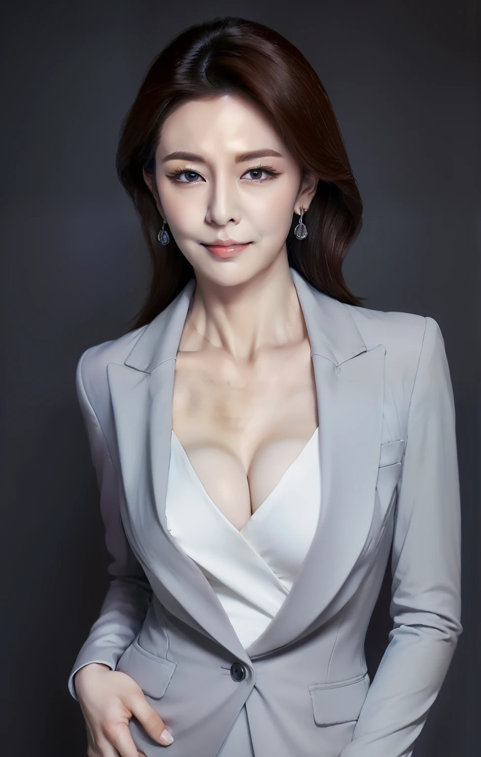 masterpiece,best quality, (one milf), ((portrait:1.5)), makeup, elegant grey suit, white shirt, touch own chest, ((seduction expression)),