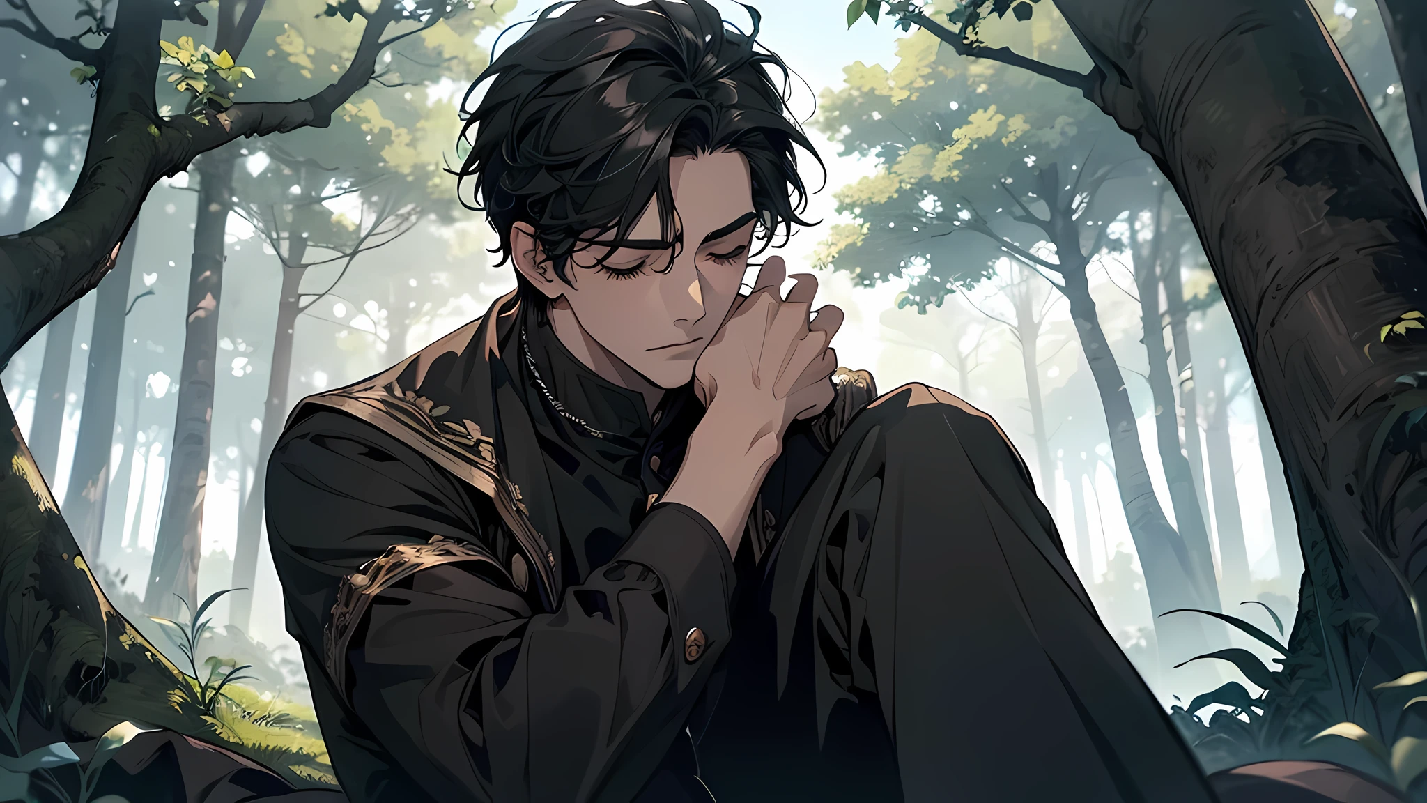 A teenage boy with long black hair is lying unconscious on the stone floor, everything is shrouded in fog.The guy opens his eyes a little